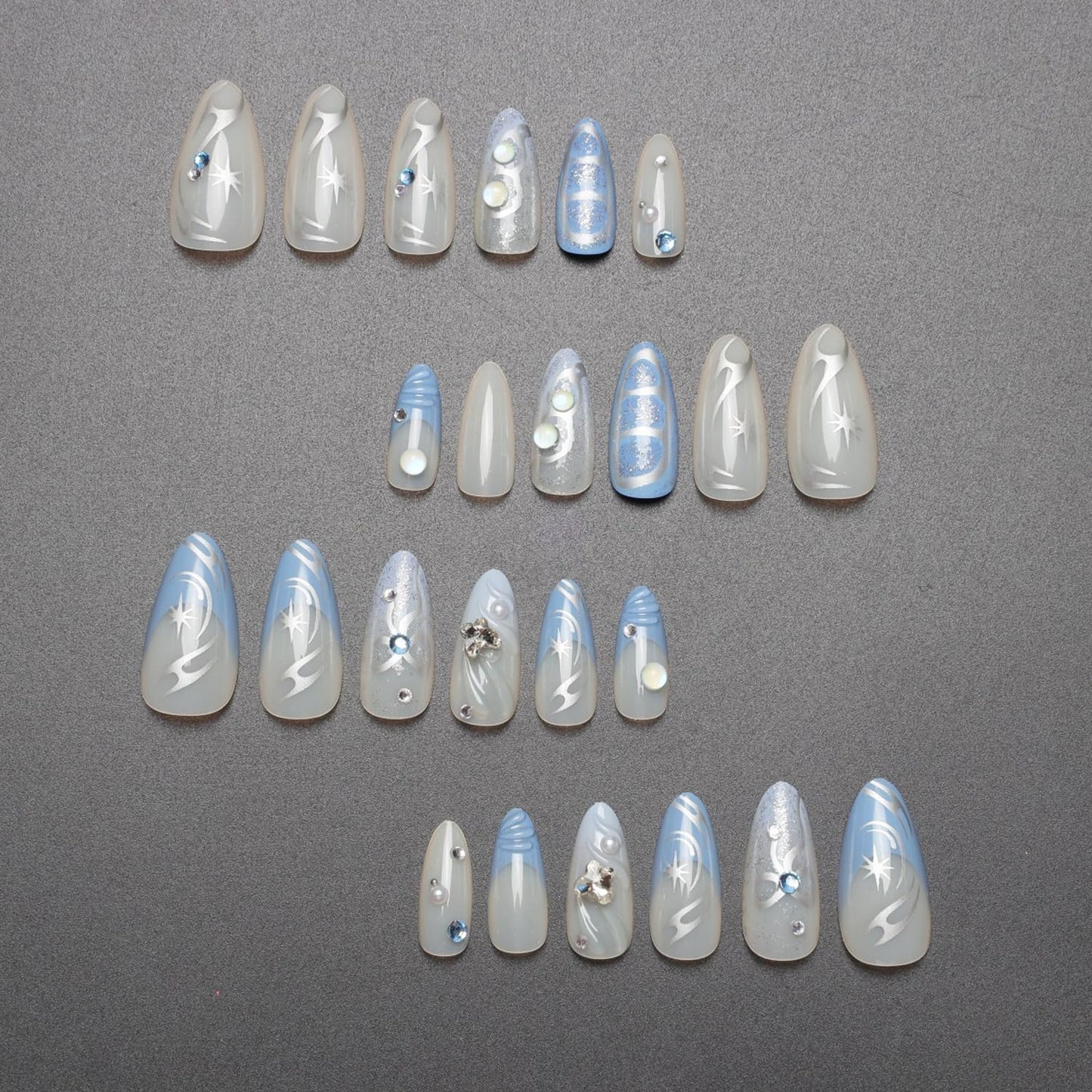 Blue Gradient Press on Nails Medium Almond Fake Nails with 3D Rhinestones Design Charms Nails French Tip Press on Almond Shape Cute Sliver Star Stick on Nails False Nails for Women Daily Wear 24Pcs