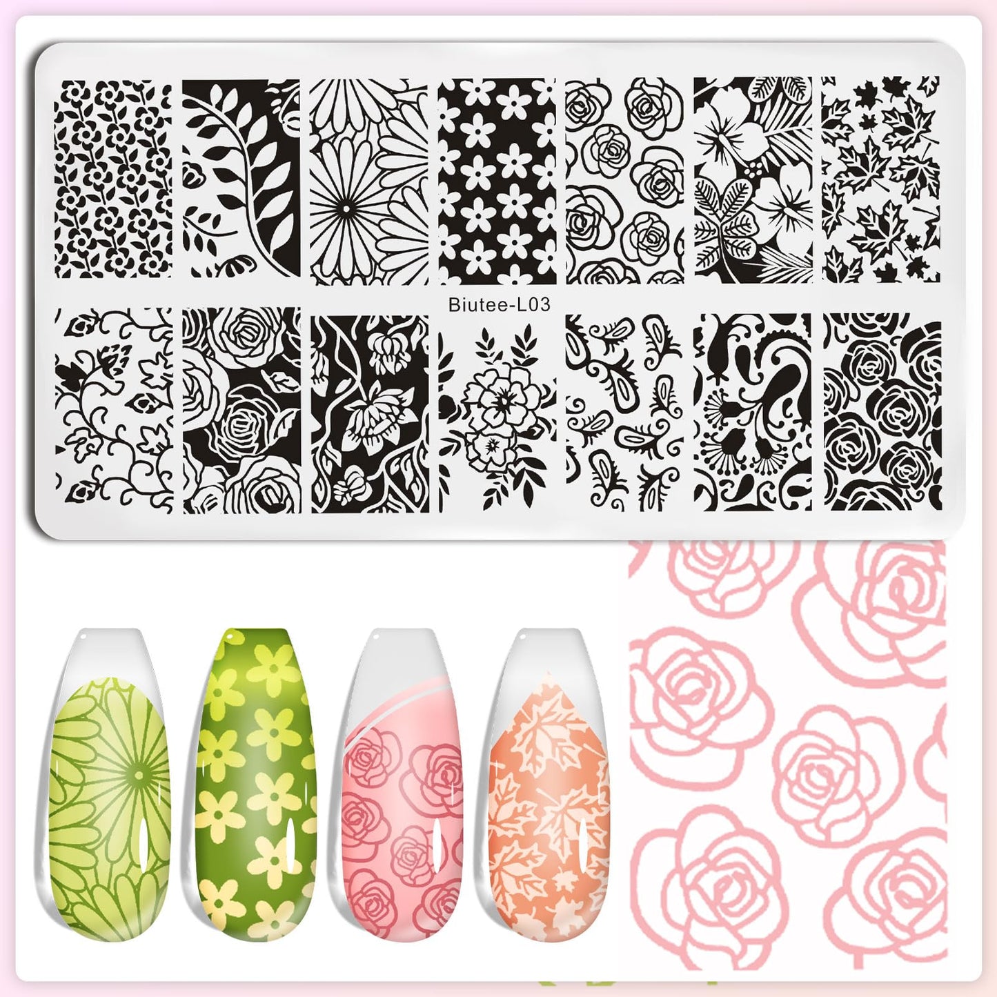 Biutee Nail Stamper Kit with Clear Stamper and Scraper, 10 Nail Stamping Plates and 8 Gel Stamping Polishes, UV Cure Required, Floral Animal Leaves French Nail Art Set for Beginners