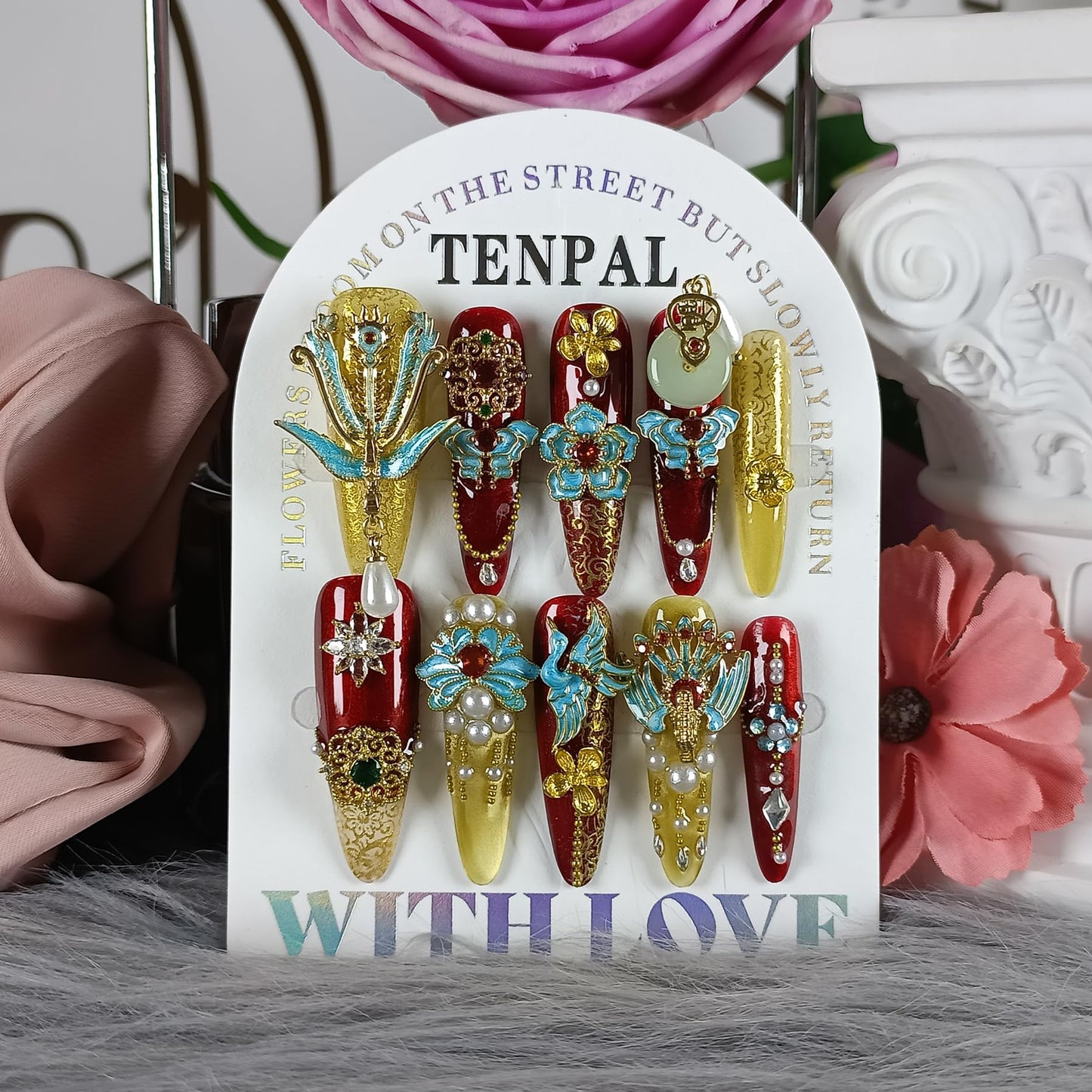 TENPAL 10Pcs Heirloom Chinese Bridal Press On Nails With Tools,Red Gold Phoenix Dragon Designs Fake Nails Long Stiletto,Full Crystals Heavy Relief Luxury Wedding Set Glue on Nails for Cheongsam(XS)