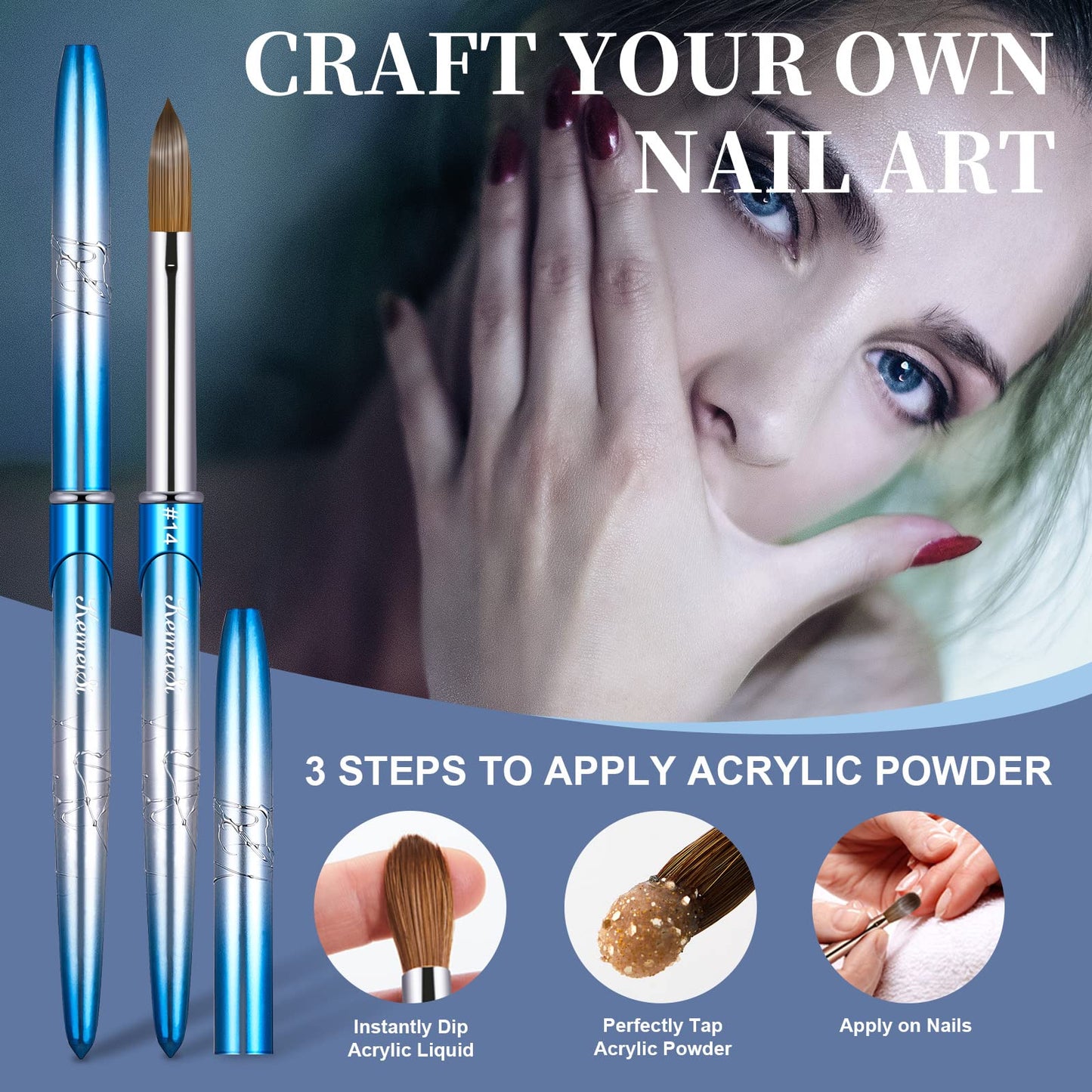 Acrylic Nail Brush Size 14,KEMEISI 100% Pure Kolinsky Nail Art Brushes Sturdy Handle Oval Shaped Acrylic Powder Nail Design Tools for Professional Manicure DIY Home Salon (Blue Gradient)