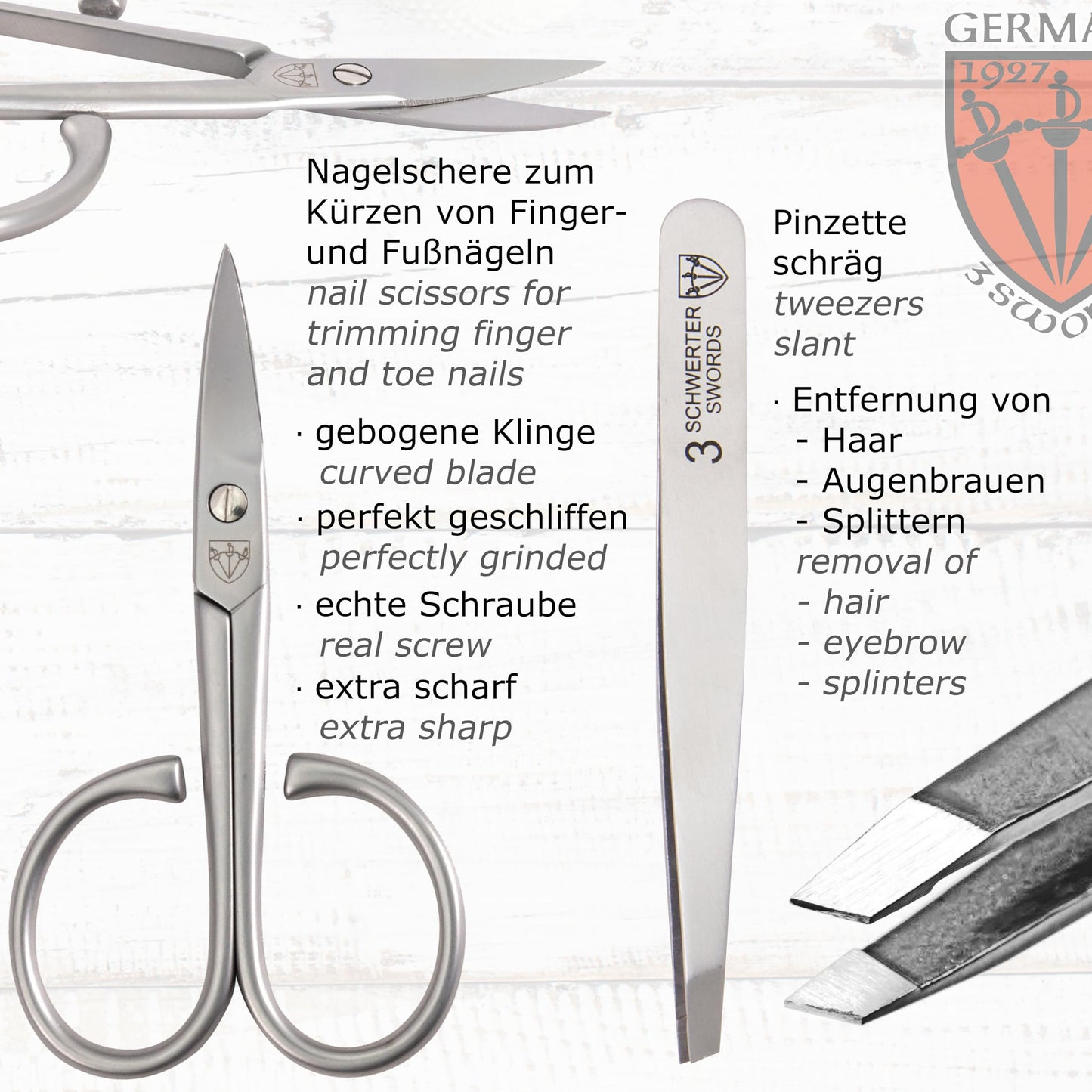 3 Swords Germany - brand quality 3 piece stainless steel INOX manicure pedicure grooming kit set for professional finger & toe nail care scissors file tweezers genuine leather case in gift box (03881)