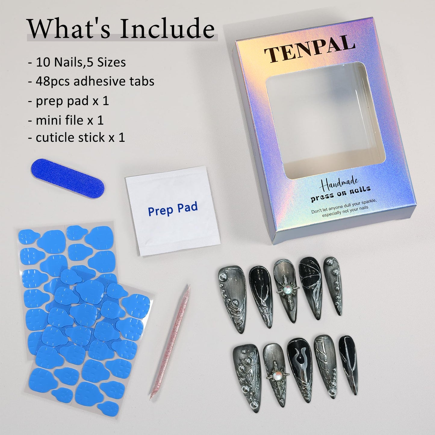 TENPAL Cat Eye Black & Mirror Powder Gradient Obsidian Press on Nails Long Stiletto,Hand-Painted Butterfly & Meteor Designs Fake Nails with Tools,3D Crystal Gothic Punk Nail Kit with Tools 10pcs(L)