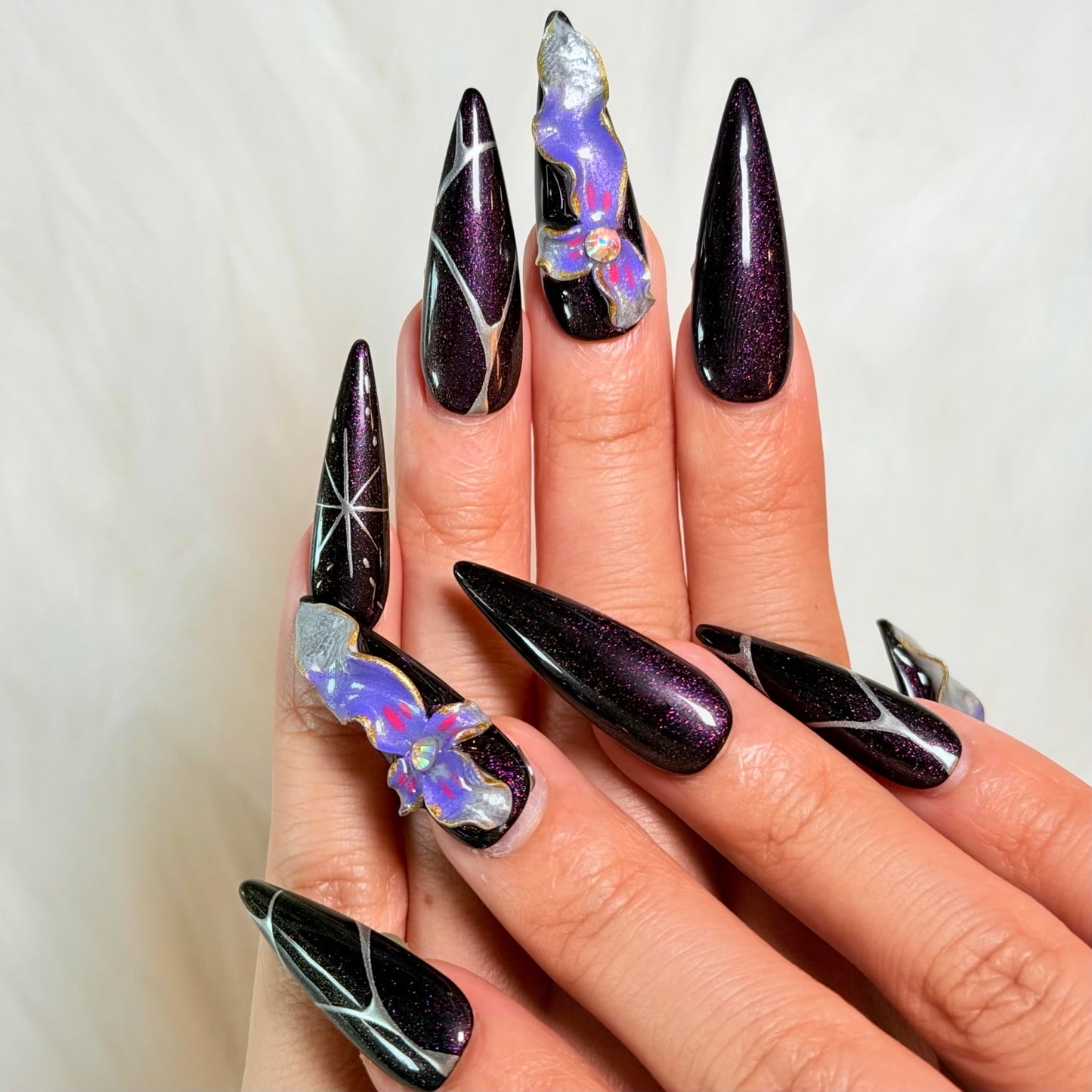 Avilux Press On Nails – Handmade, Reusable, 3D Designer Nail Art, 10Pcs Fake Nails for Women and Girls, Perfect for Holidays, Parties & Gifts (Mystic Orchid Glitter, Small)