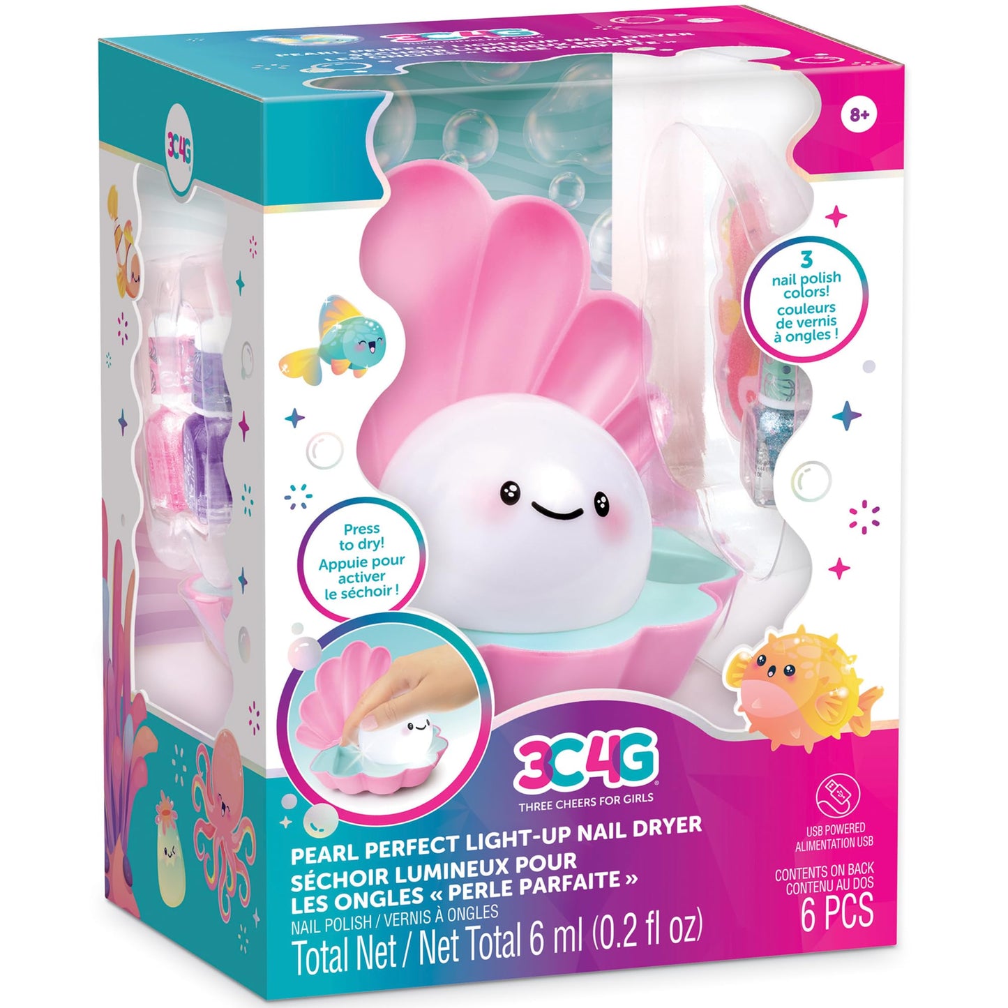 3C4G: Pearl Perfect Light-Up Nail Dryer - 6pc, Pink Shell Shaped Manicure Kit, Built-in Fan, 3 Nail Polishes, Seahorse Filer, Tweens-Girls-Kids 8+