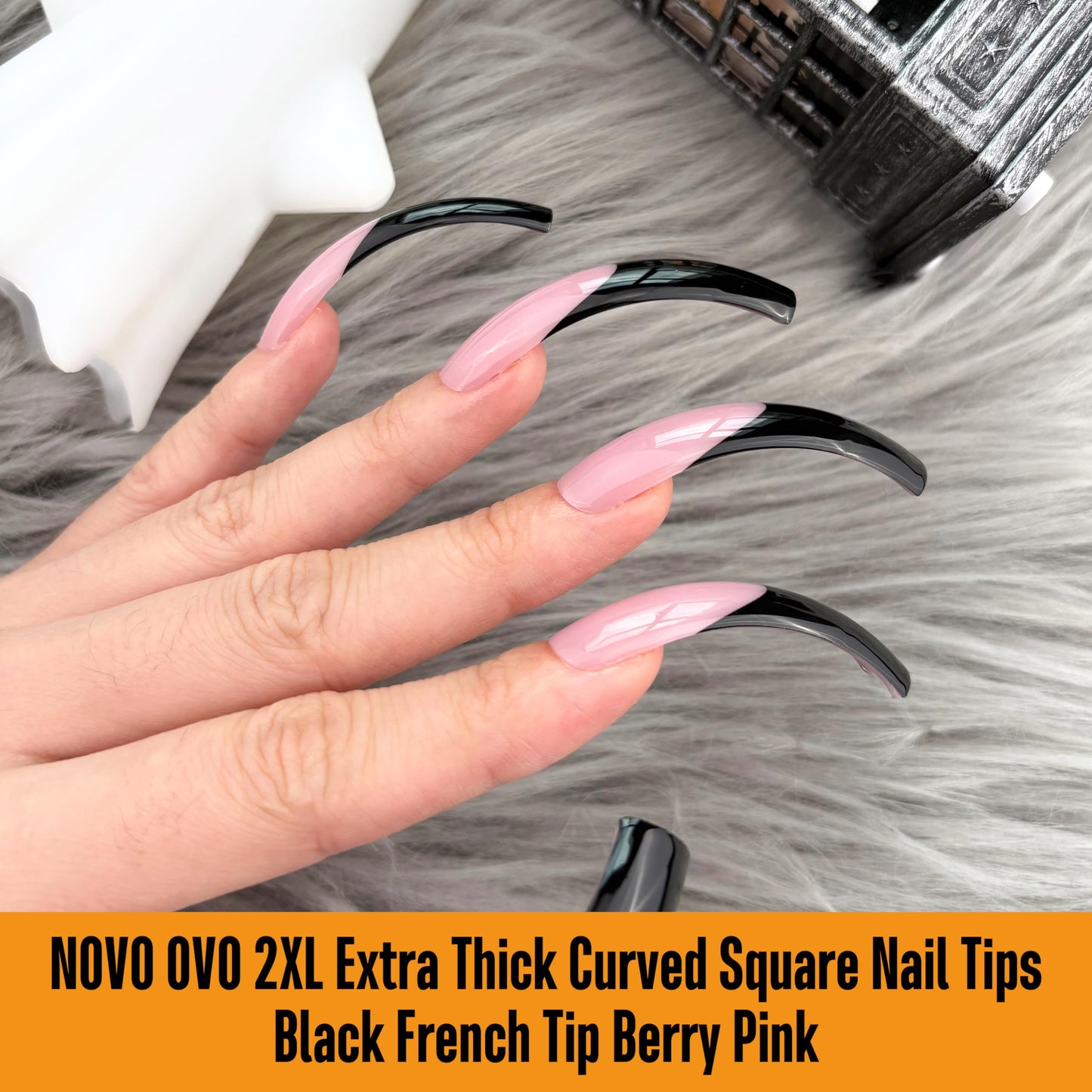 NOVO OVO Halloween Black XXL Curved Square French Tip Nail Tips Press on BERRY PINK, Full Cover Extra Thick Long XL Acrylic Hawk Curve Fake Extension Kit, Need Top Coat for Salon DIY 12 Sizes 144 pcs