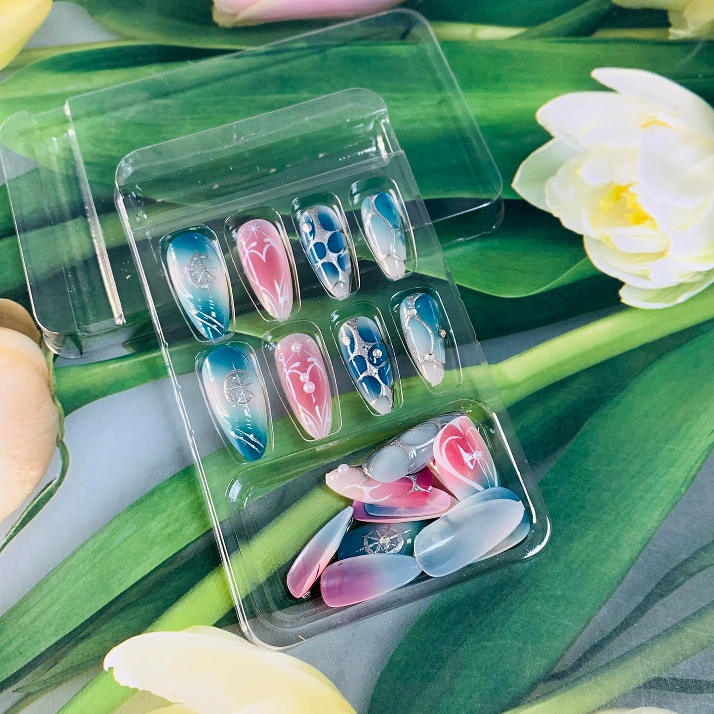 EYZOTSF Press on Almond Nails Medium Length Glossy Full Cover Acrylic Almond Shaped False Nails with Designs Artificial Fake Nail with Charms Glue Stick ons Fingernails for Women Girls(Z1116)