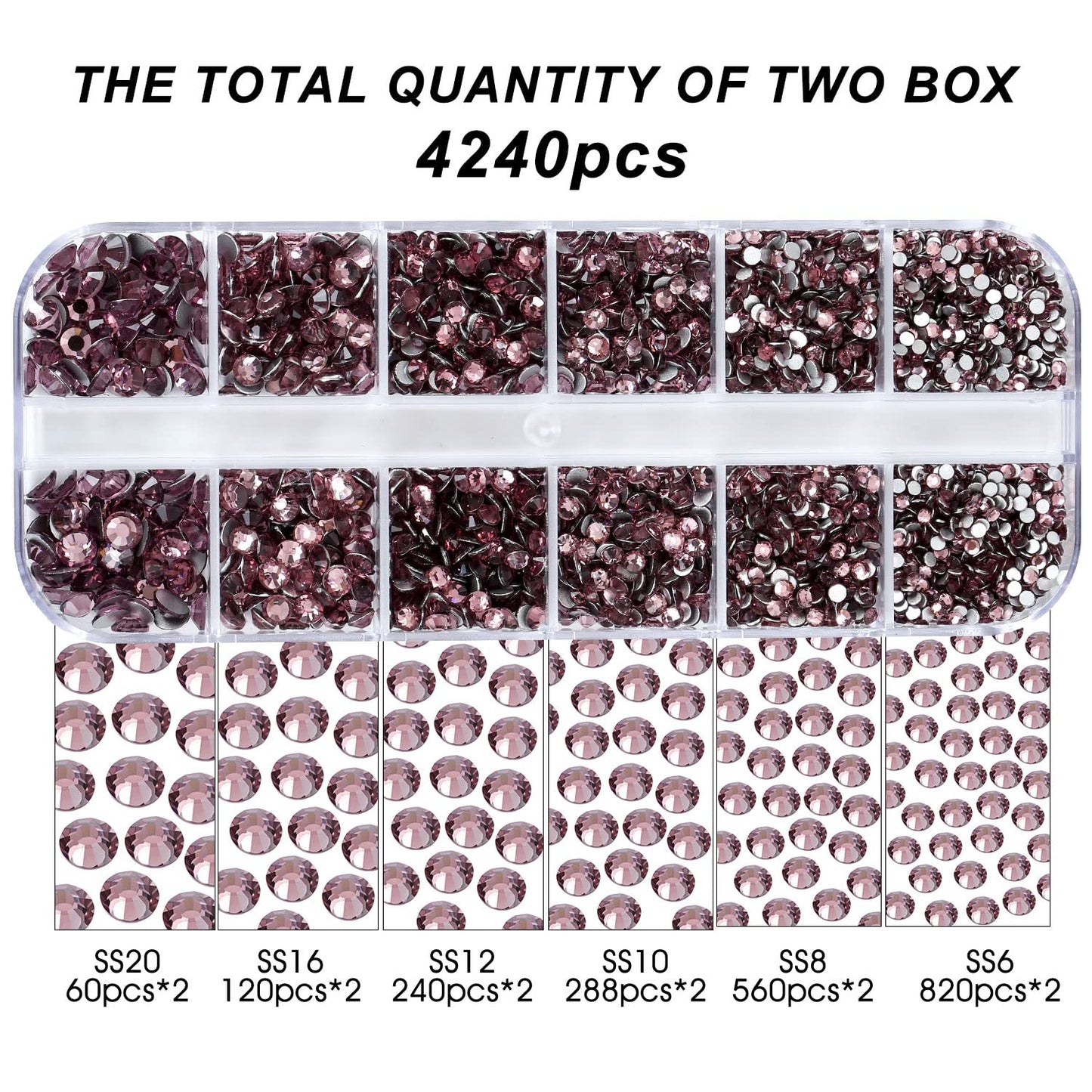 Meibite Light Purple Glass Flatback Rhinestones for Nails, Crafts & Clothes – 4240PCS 6 Sizes (SS6–SS20) Crystal Gems Kit with Tweezers & Picker, Non Hotfix DIY Rhinestones for Tumblers, Nail Art
