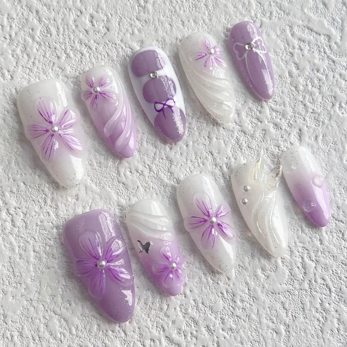 Almond Press on Nails Medium SWEKKE 3D Fake Nails Purple False Nails with Floral Bow Pearls Designs Summer Glossy Glue on Nail Stick on Nail for Women Girls 30Pcs