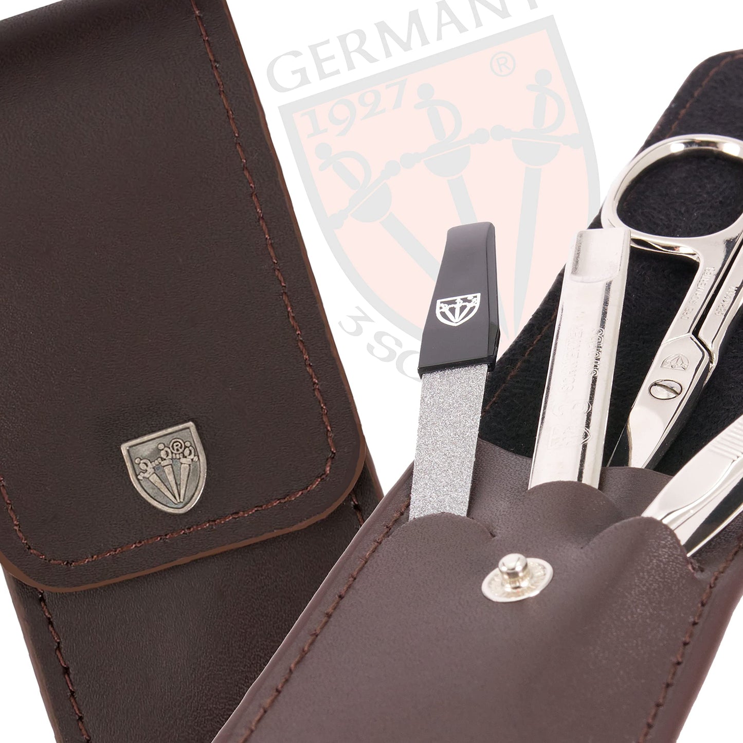 3 Swords Germany - brand quality 3 piece manicure pedicure grooming kit set for professional finger & toe nail care scissors tool genuine leather case in gift box, Made in Solingen Germany