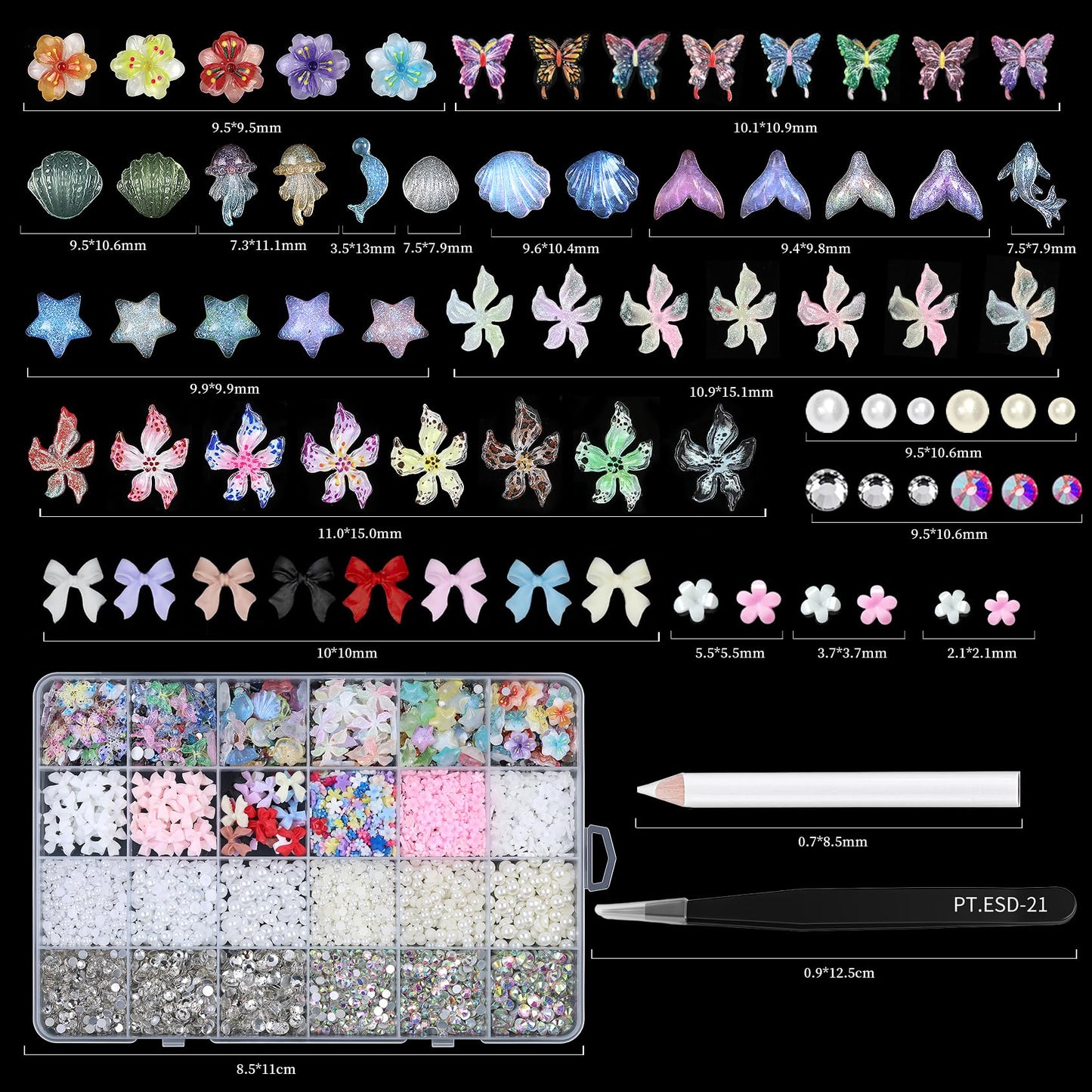 24 Grid Nail Charms - Multi Series Colorful Nail Charms and Gem: 3D Hawaii Flowers Butterflies Ocean Star Bows Rhinestones and Pearls - Charms for Nails Art Supplies DIY Accessories