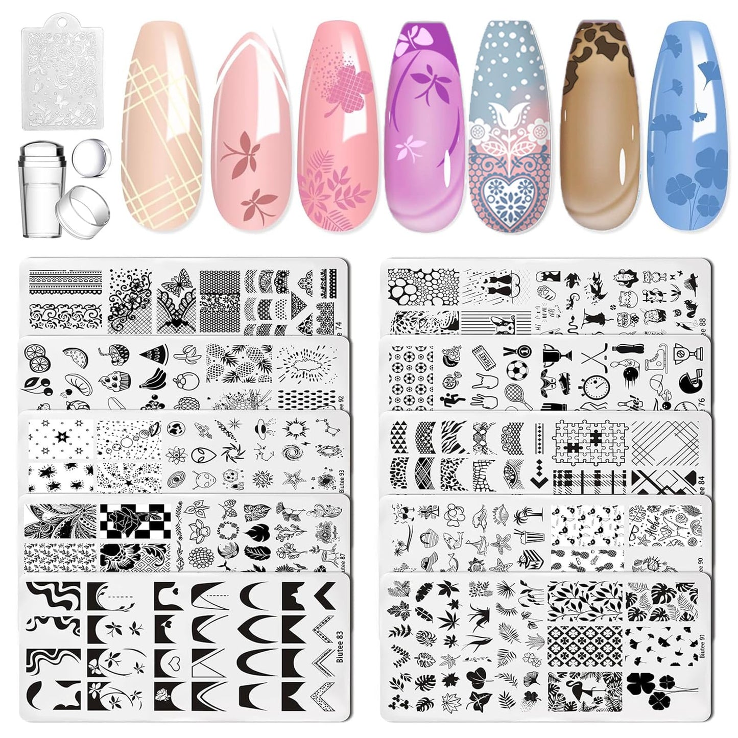 Biutee Nail Art Stamping Plates Set 10PCS French Line Stamp Templates, Nail Stamping Kit with Silicone Nail Stamper for DIY Print Manicure Salon Design Gift In Home