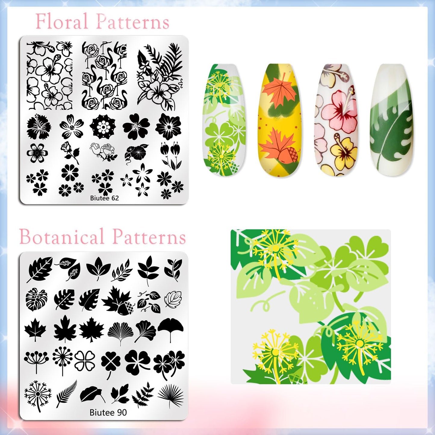 Biutee Nail Stamping Kit with 16 Nail Stamping Plates, Clear Jelly Nail Stamper, 2 Scrapers & Storage Bag, Nail Art Stamping Plate Set with Floral Geometric Beach Designs for DIY Manicure