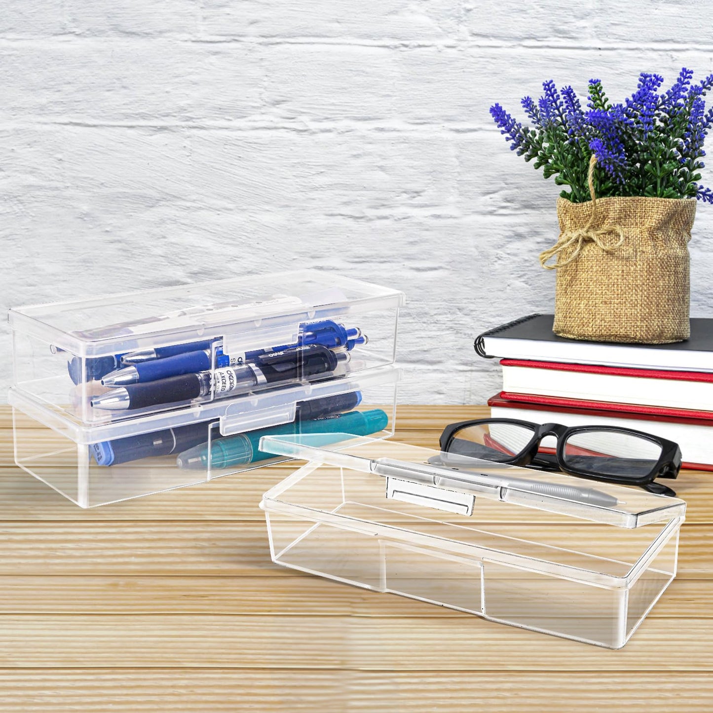 ZOOFOX 12 Pack Plastic Nail Storage Box, Stackable Pencil Case with Hinged Lid and Snap Closure, Clear Rectangle Box for Organizing Manicure Pedicure Kit, Crayon, Beads, Jewelry, Office Supplies