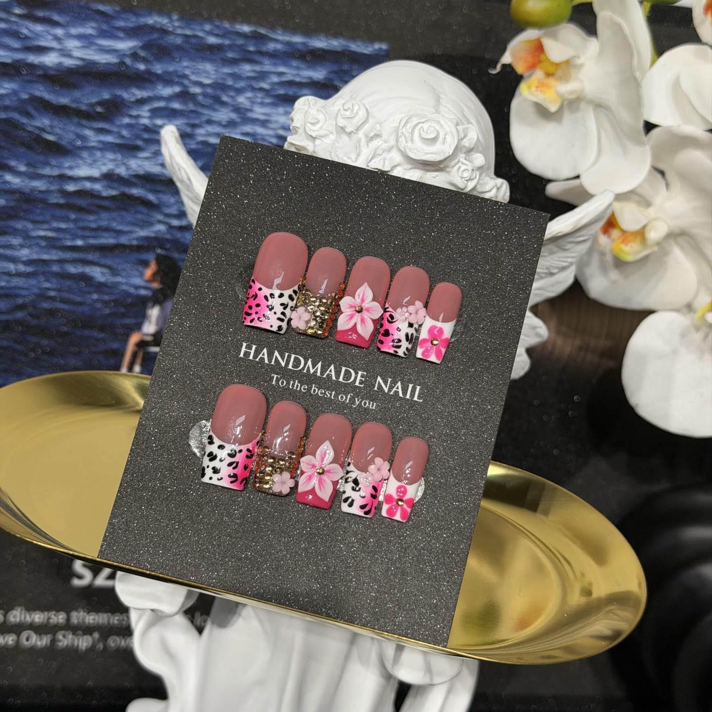 Vseegrs Pink Handmade Press on NailsSquare Medium Leopard Artificial False Nails with Designs 3D Flowers Acrylic Nail Press ons Gold Embossed Press on Nail Kit for Women 10pcs (S)