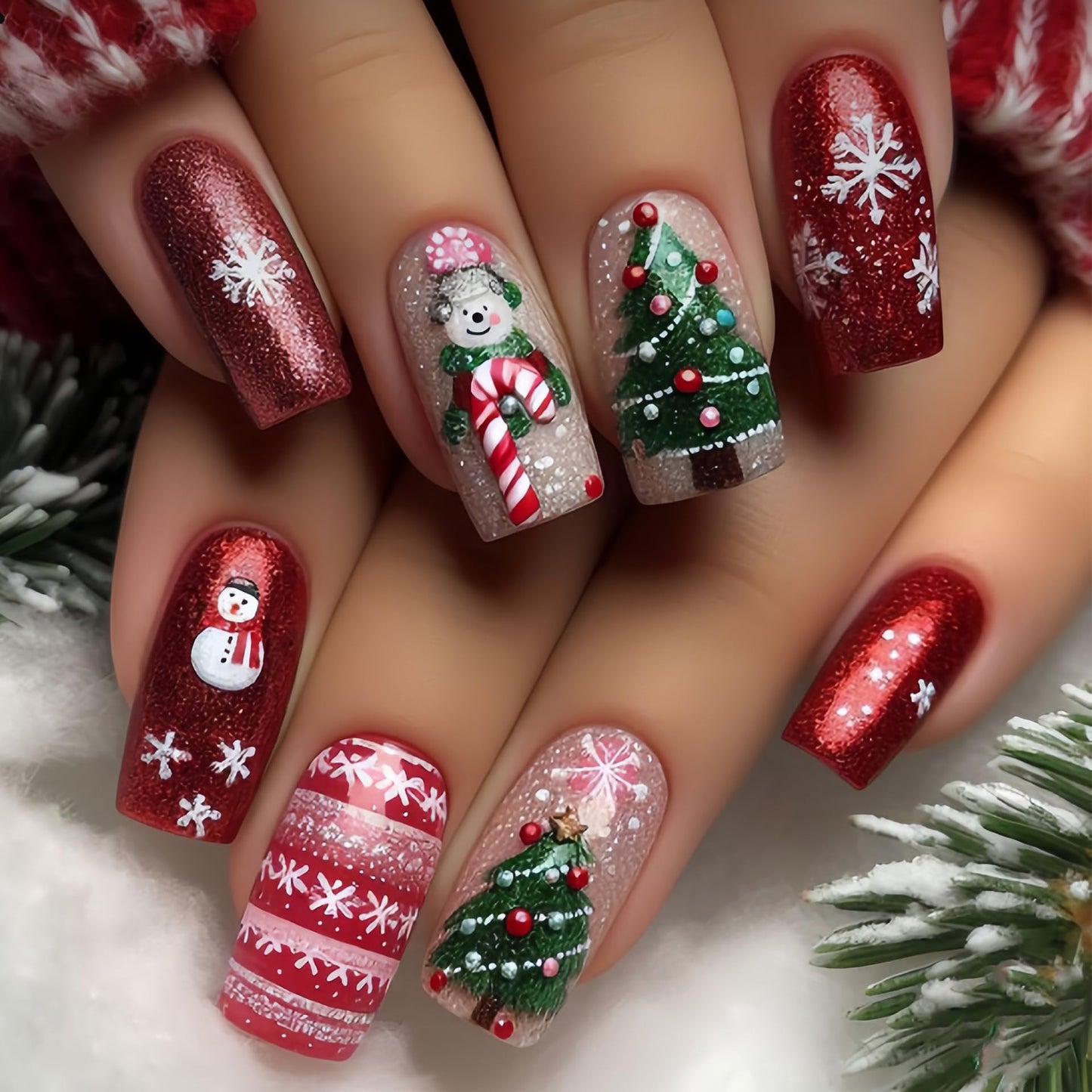 24Pcs Christmas Press on Nail Medium Square Snowman Fake Nail Red Crutch Stick on Nails Full Cover Winter Gel Glue on Nails Xmas Snowflake False Nails for Women Girls Manicure Kit