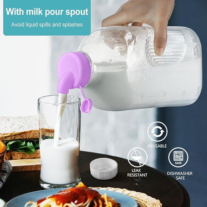 4 Pack 64 Oz Heavy Duty Glass Milk Bottle with 1 Silicone Spout and 5 Reusable Airtight SCREW LID, 2 Qt Glass Water Bottle with 2 Exact Scale Lines - Milk/Juice Jug Pitcher