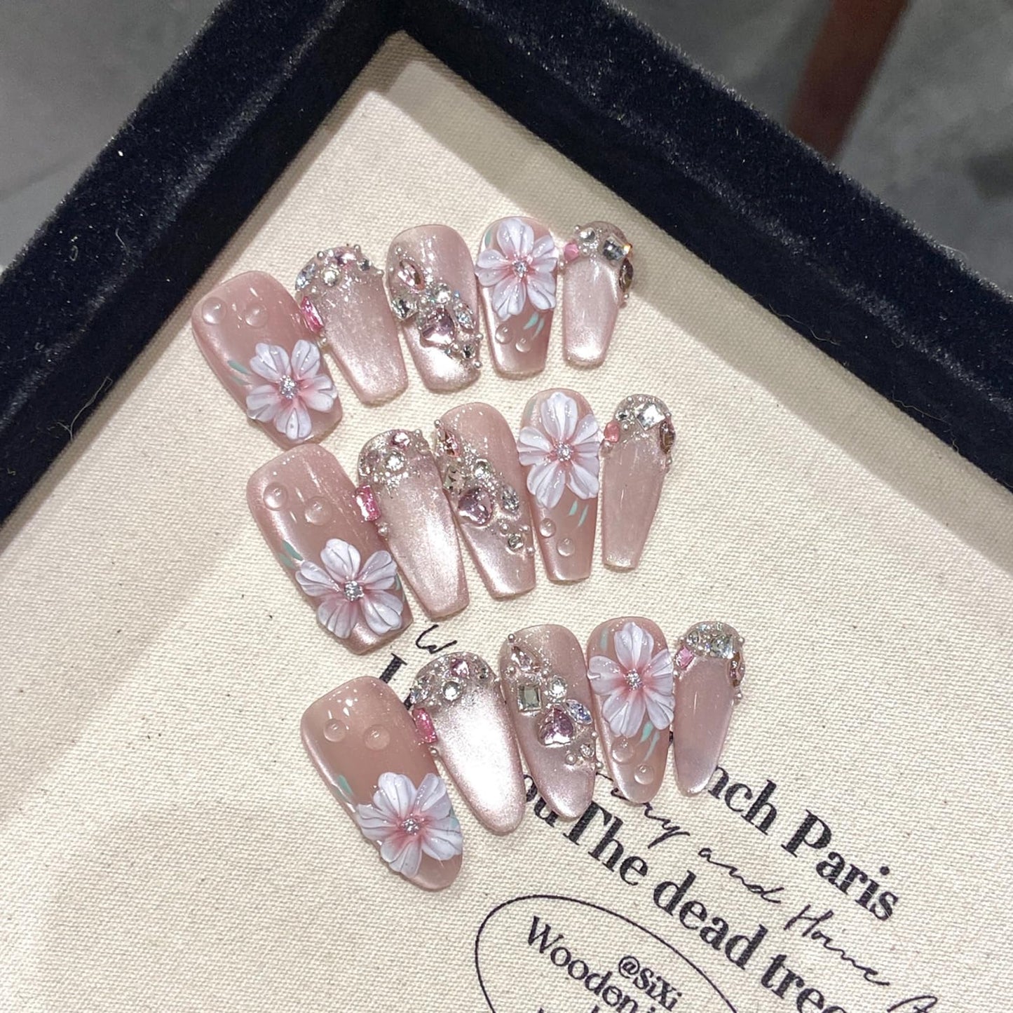 Yacey 3D Floral Handmade Press on Nails, Medium Coffin Reusable Wedding False Nails Press Ons, Pink Cat Eyes with Charms Acrylic Fake Nails, Luxury Bling Glue on Nails for Women Girls (10 Pcs, S)