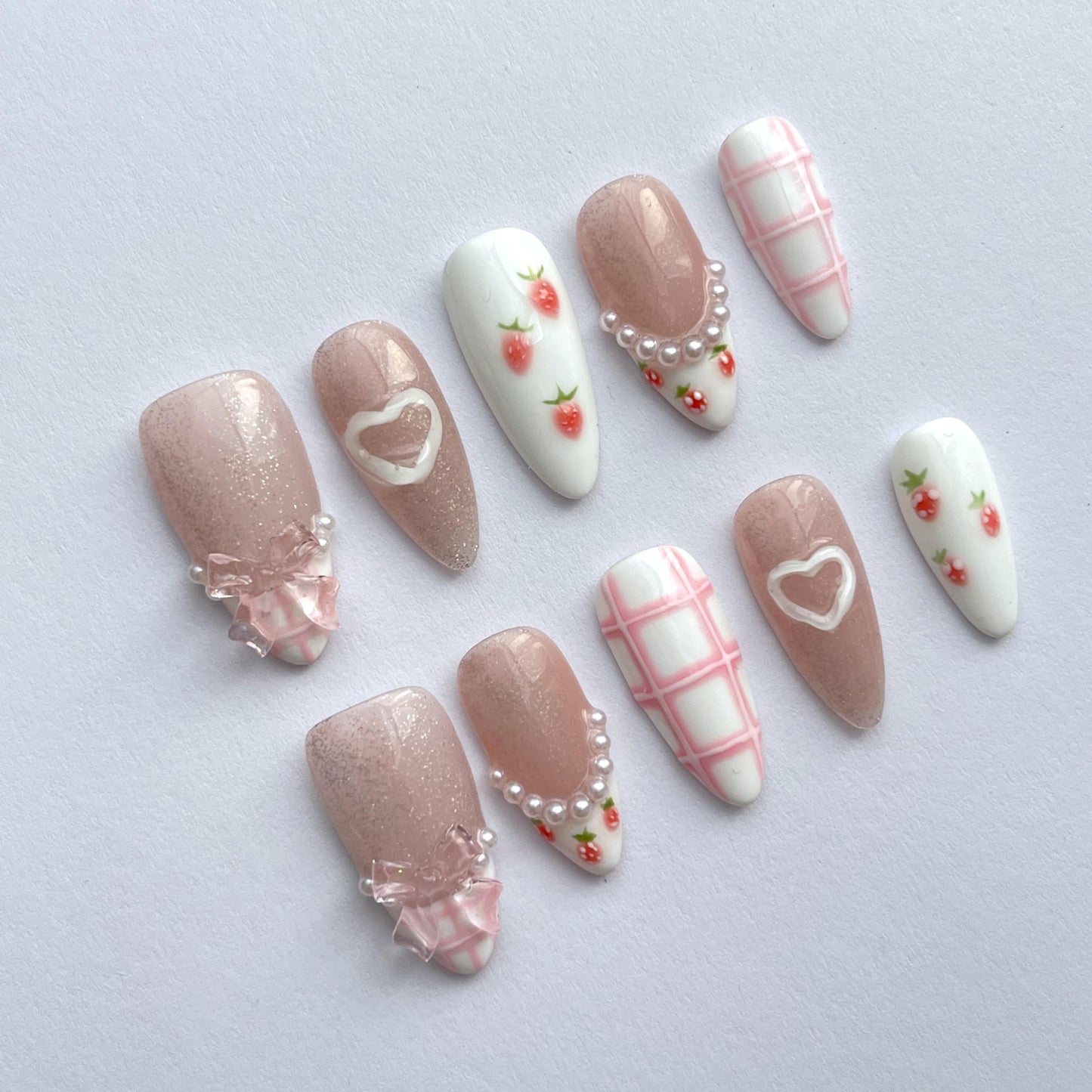 Handmade Press-On Nails Short Almond Nails Reusable Hand-Painted Nails Including Tool Kit 10 Piece (SHN037-S, S)