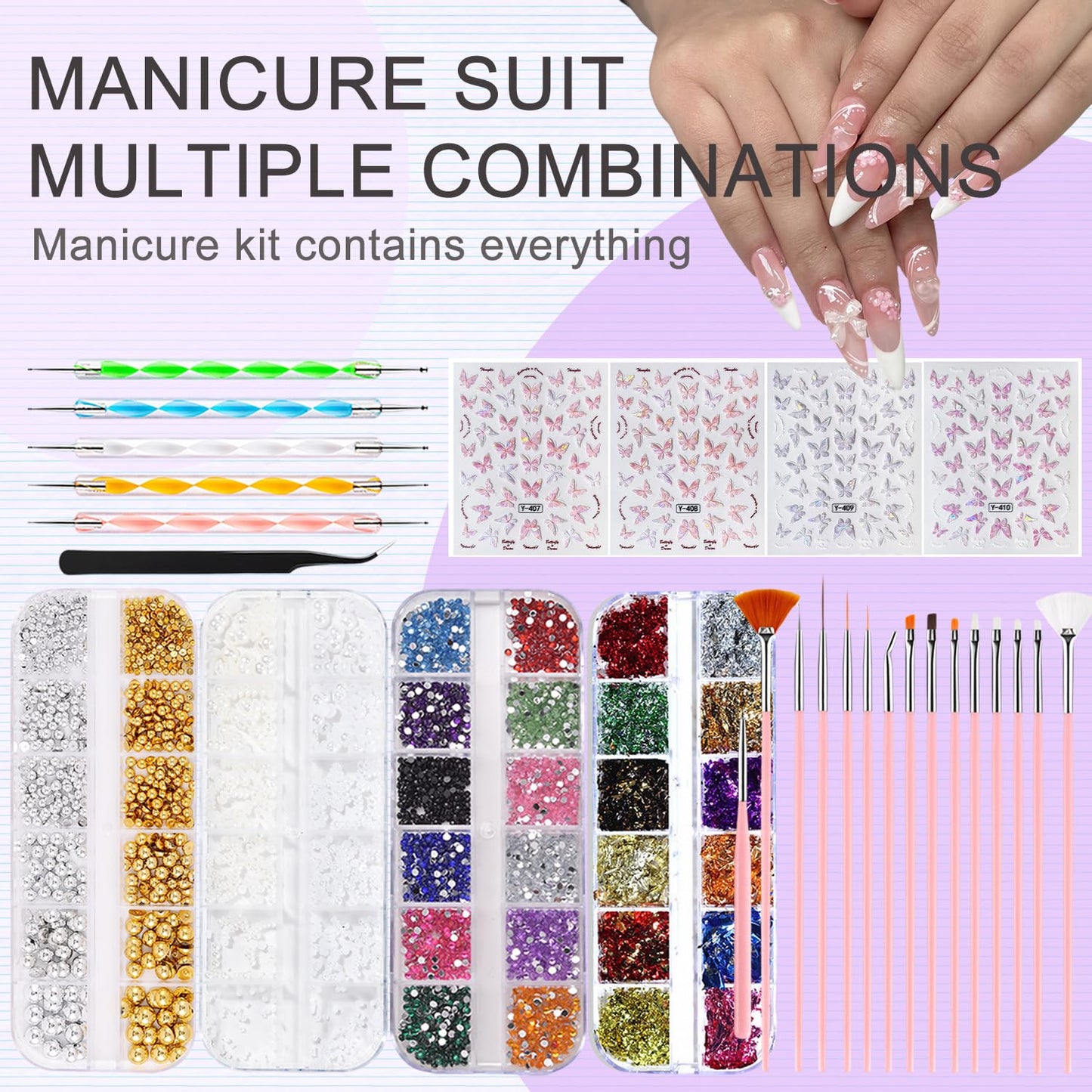 GZMAYUEN Nail Chrome Powder Nail Art Kit, 4 Color Chrome Powder for Nails, 15Pcs Nail Brushes for Nail Art, 4 Sheets Butterfly Nail Stickers, 4 Boxes Nail Charms Accessories