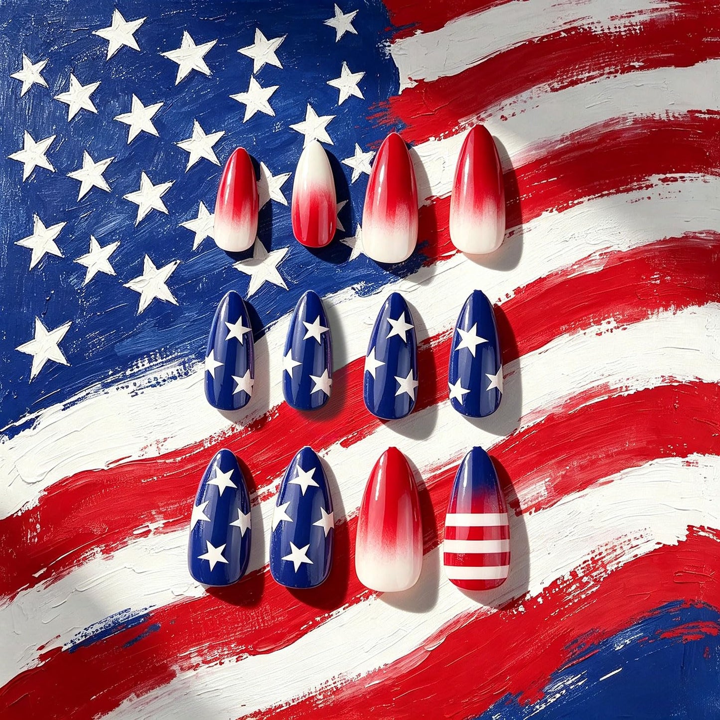 24Pcs 4th of July Press on Nails Medium Almond, Red White and Blue Patriotic Designs, Glossy Full Cover Fake Nails, Reusable Glue on Nails with Acrylic Effect,Nude Nails Press ons for Women