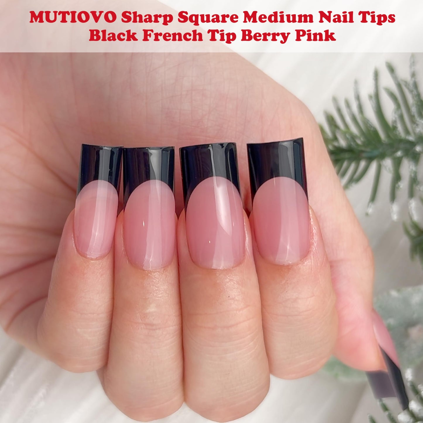MUTIOVO Black French Tip Medium Straight Square Nail Tips Press on, BERRY PINK Extra Thick Soft Gel Nail Extension, Full Cover False Nails, NEED Builder Glue Gel & Top Coat, for DIY x 15 Sizes 180 pcs