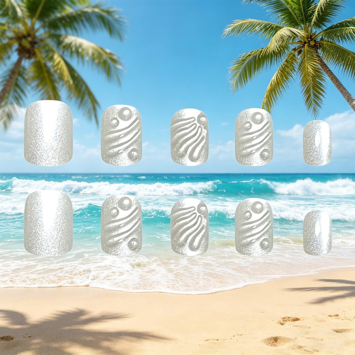 Short Square Press on Nails HZJXRT Fake Nail 3D Curve Line False Nails with Sparkly Design, Glossy White Glitter Stick on Artificial Fingernails Reusable Moon Stick on Nail for Women Daily Wear