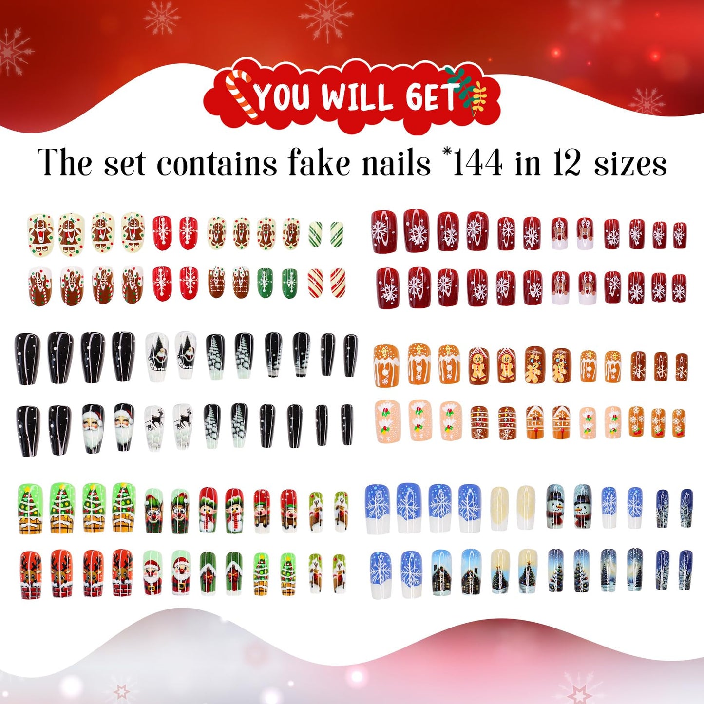 144 Pcs Christmas Press on Nails Kit Glossy False Nails with 6 Styles Designs Full Cover Acrylic Nail Christmas Santa Claus Elk Gingerbread Man Fake Nail Set for Women DIY Manicure Decoration