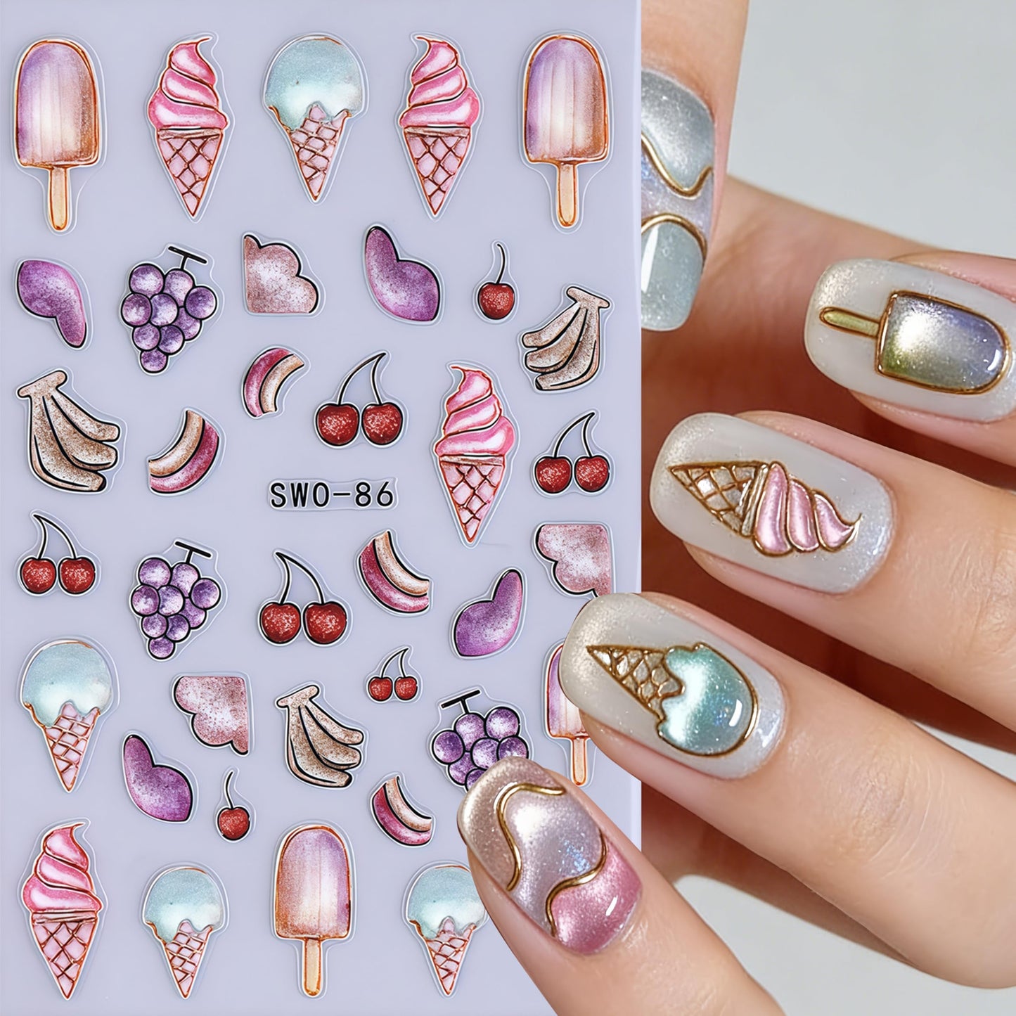 4 Sheets Flower Bee Stickers for Nail Art Spring Summer Floral Nail Art Stickers 5D Embossed Self-Adhesive Nail Decals Green Leaf Cherry Fruit Pattern Nail Design Candy Ice Cream Nails Decor for Women