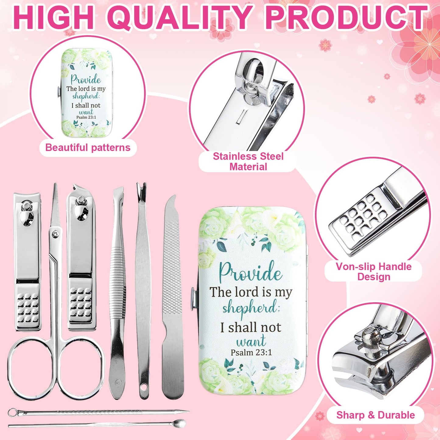 6 Sets Christian Gifts Bulk for Women Bible Verse Manicure Kit Religious Nail Clipper Gifts Floral Scripture Stainless Nail Gift 8 in 1 Church Bible Manicure Sets for Staff Women Party Supplies