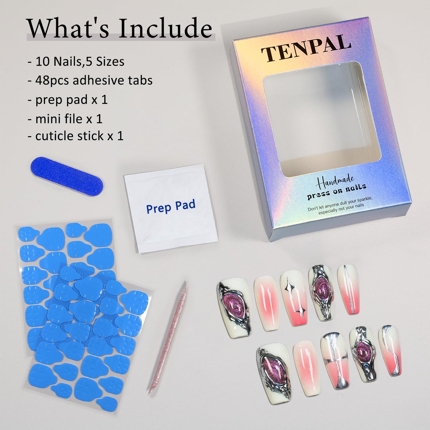 TENPAL 10pcs Coffin Press-On Nails Kit,Punk Metal Glam False Nails with Airbrush Blush Designs,Cat Eye Edgy Gradient Pink Nails with Rhinestones,Hip Hop Goth Chrome Fake Nails Set with Tools(XS)