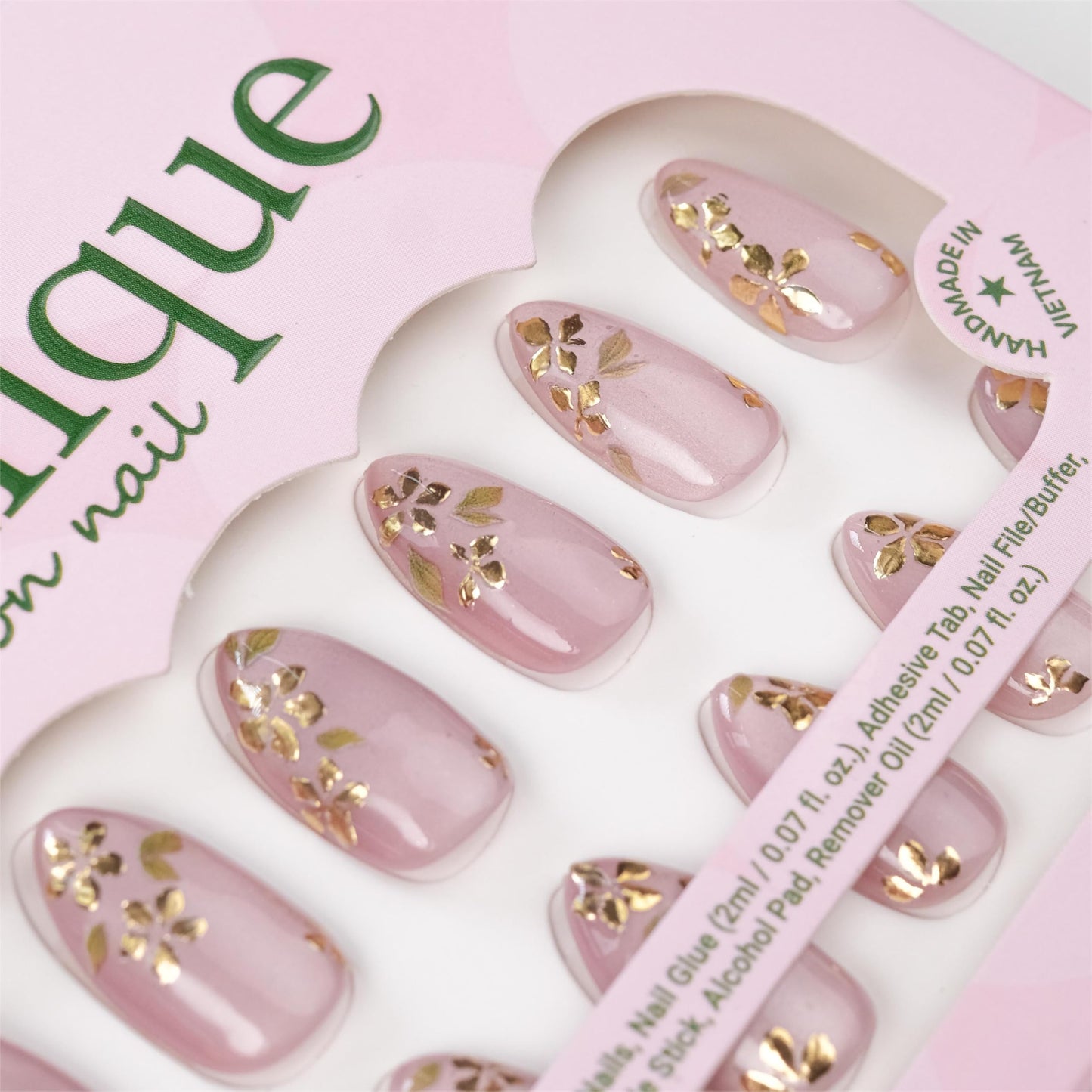 Nailique Press On Nails Short Almond – Handmade Pink Cat Eye Soft Gel with Gold Foil Floral Design, 26pcs Reusable Nail Tips with Glue & Remover, Salon Quality Spring Wedding Manicure for Women