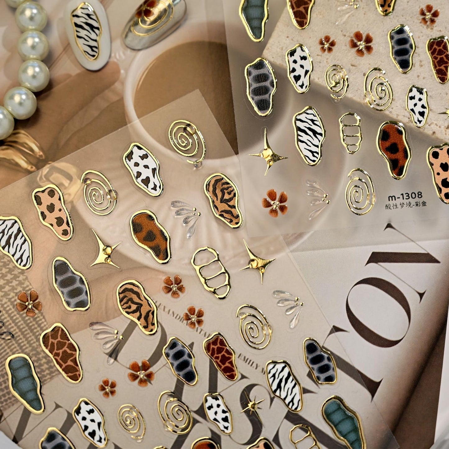 Leopard Nail Art Stickers 5D Embossed Irregular Geometric Nail Decals Gold Nail Stickers for Nail Art Brown Leopard Nail Design Charms Decoration Accessories for Women and Girls