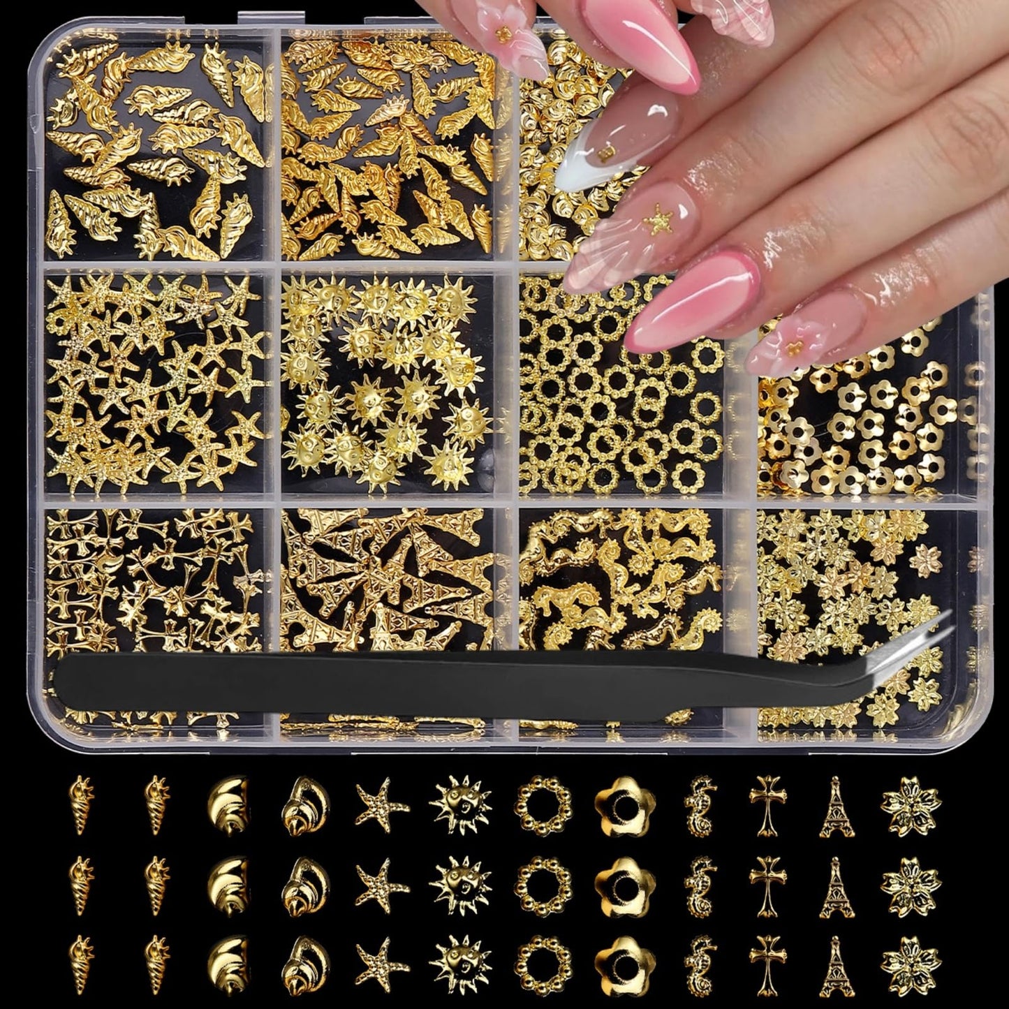 Gold Nail Charms 3D Alloy Flower Nail Gems Shiny Ocean Beach Starfish Conch Nail Jewels Multi-Shapes Metal Golden Sun Nail Art Supplies with Tweezer for Women DIY Acrylic Nail 12 Grids 1 Box