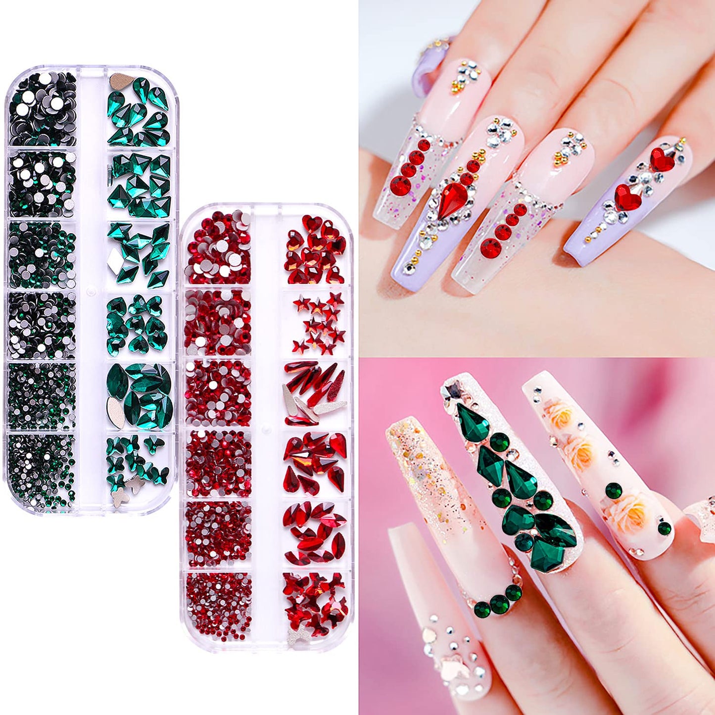 JERCLITY 1620pcs Flat Back Green Nail Rhinestones Red Nail Rhinestones Round Beads Crystals Glass Gems Stones Multi Shapes Sizes with Picking Pen for Crafts Nail Face Art Clothes Shoes Bags DIY