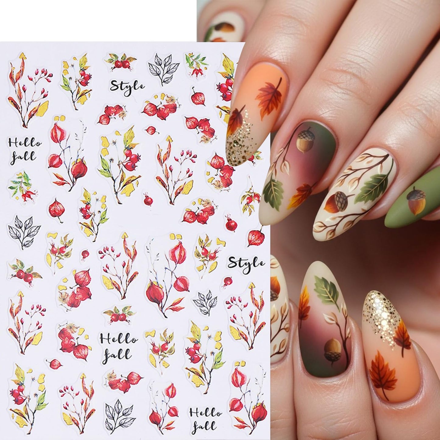 6 Sheets Fall Maple Leaf Nail Art Stickers Deals 3D Self-Adhesive Autumn Thanksgiving Pumpkin Fox Fallen Leaves Nails Designs Flower Mushroom Autumn Leaves Nail Supplies for Women Nail Decoration