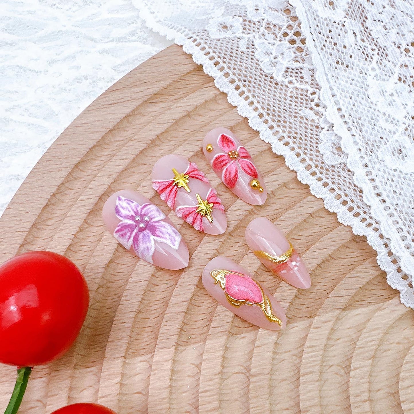 24Pcs Flower Press on Nails Medium Almond Fake Nails with Gold Beads Star Designs Full Cover Pink Acrylic Nails 3D Floral False Nail Set Pink Purple Floral Stick on Nails for Women Nail Supplies