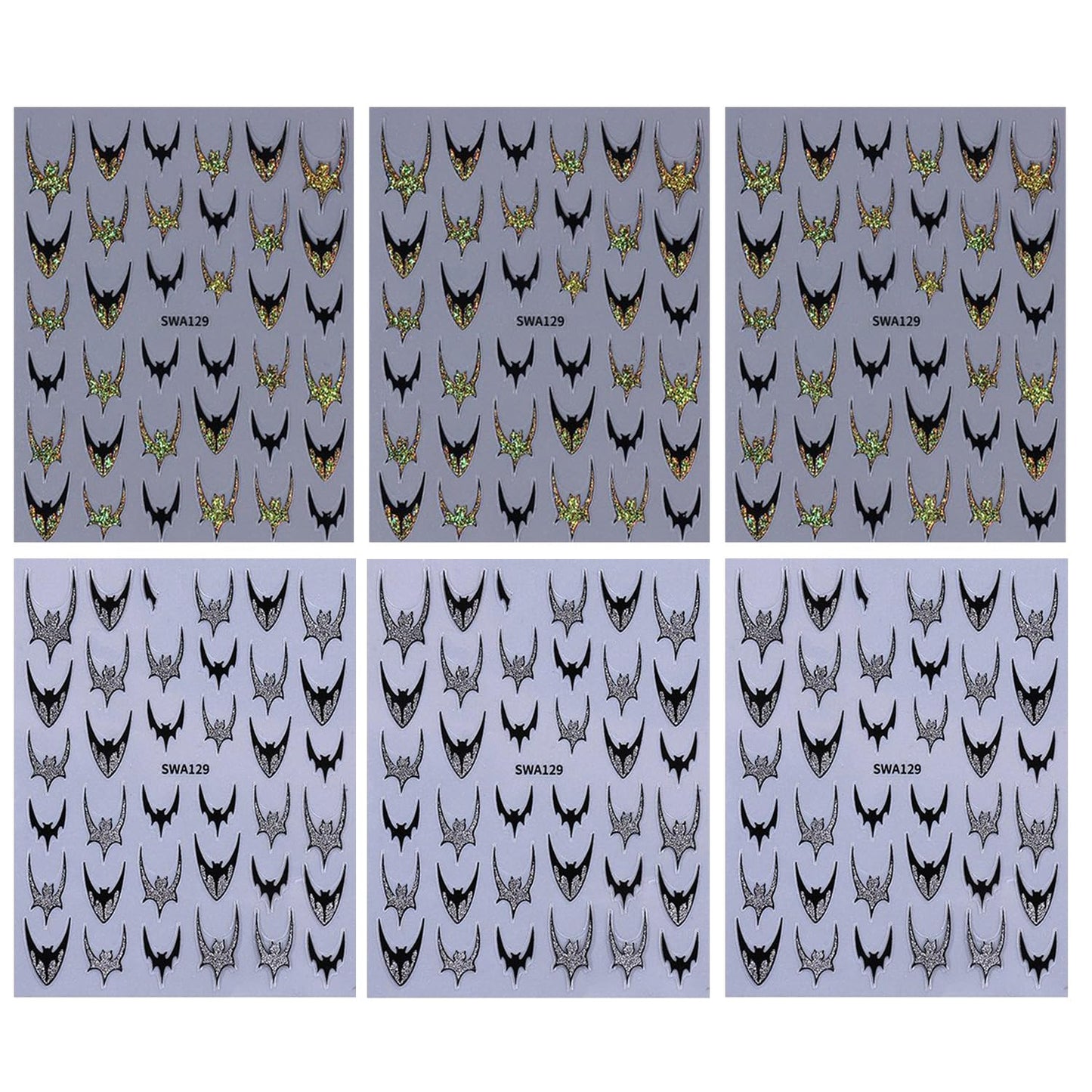 CJDLTS 6 Sheets Halloween Nail Art Stickers 3D Self -Adhesive Bat Nail Decals Holographic Hot Stamping Gold Silver Bat Nail Stickers Halloween French Nail Decoration for Women Manicure Supplies