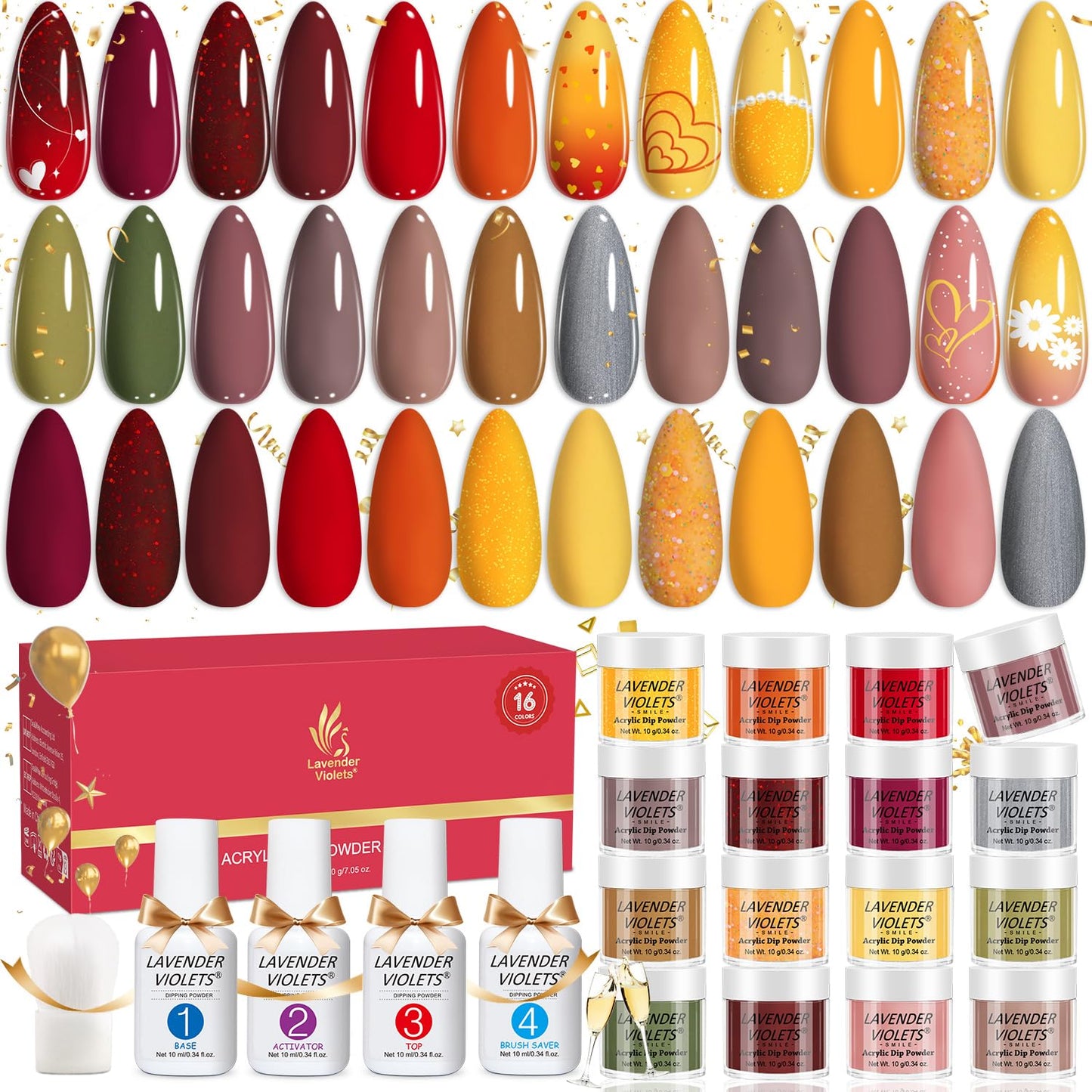 Lavender Violets 22pcs Halloween Dip Powder Nail Kit 16 Colors Red Brown Gold Green with Dip Powder Liquid Perfect Gift for Women Nail Art DIY M967