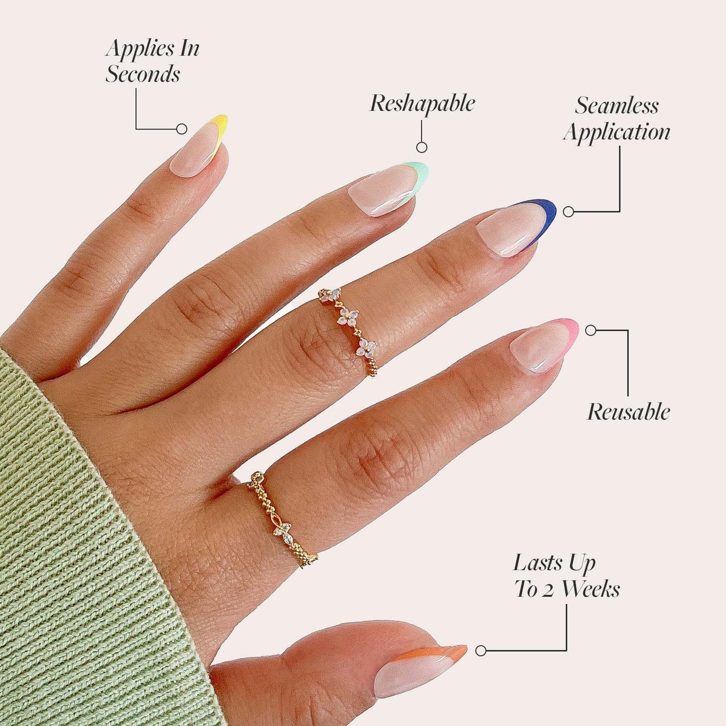 Glamnetic Press On Nails - Sprinkles | Rainbow French Tip Fake Nails, UV Finish Short Pointed Almond Shape, Salon Quality Semi-Transparent Nails in 12 Sizes - 24 Nail Kit with Glue