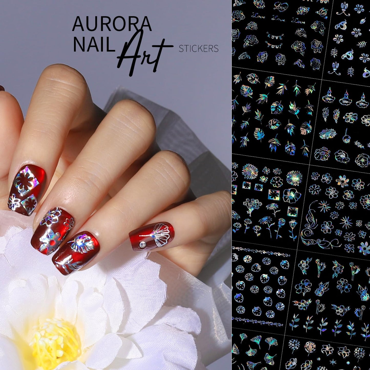 Teenitor 50 Sheets Aurora Nail Stickers for Nail Art, Star Nail Art Stickers for Kids Women, Laser Silver Nail Decals Fingernail Stickers for Holiday, Self-Adhesive Nail Decorations