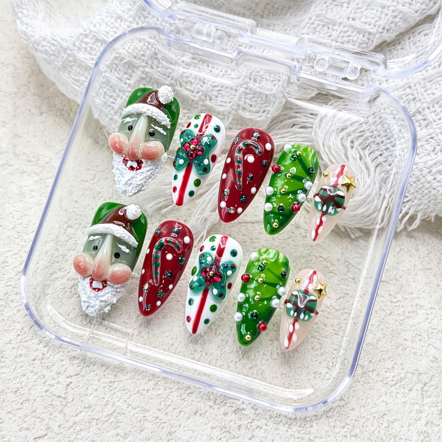 Christmas Press on Nails Medium Almond Handmade Nails with Glue,Green ＆ Red Fake Nails Cute 3D Santa Claus Designs Muti-Layer Gel Handmade Acrylic Full Cover Thick False Nails for Women (Size S)