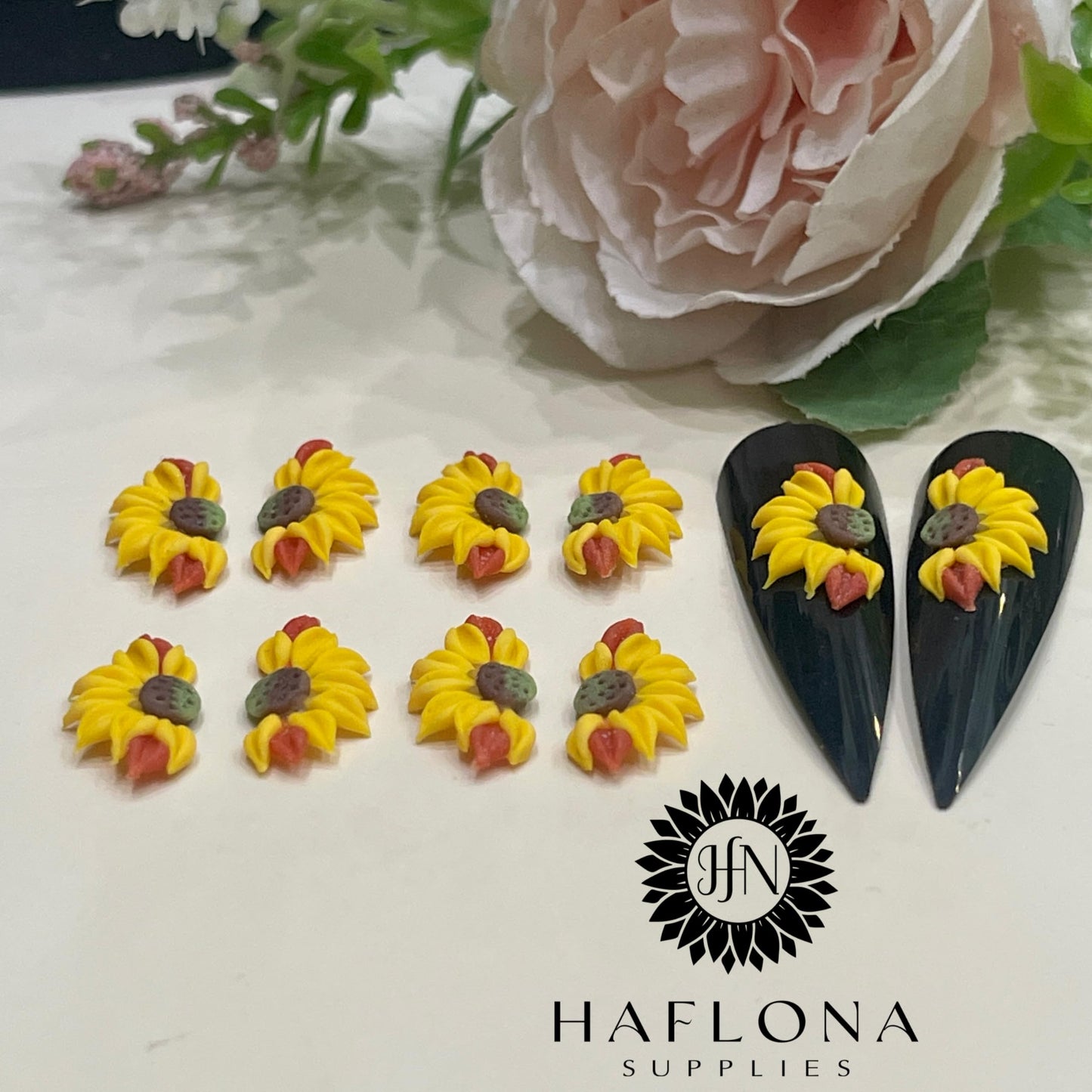 Set 10Pcs 3D Autum Sunflowers Flower -Nail Art Charms Handmade by Acrylic Powder Design Floral Salon Decor, 3D -Flowers -Nails -Charms -For Women Girls (Half Sunflower Autum -10Pcs)