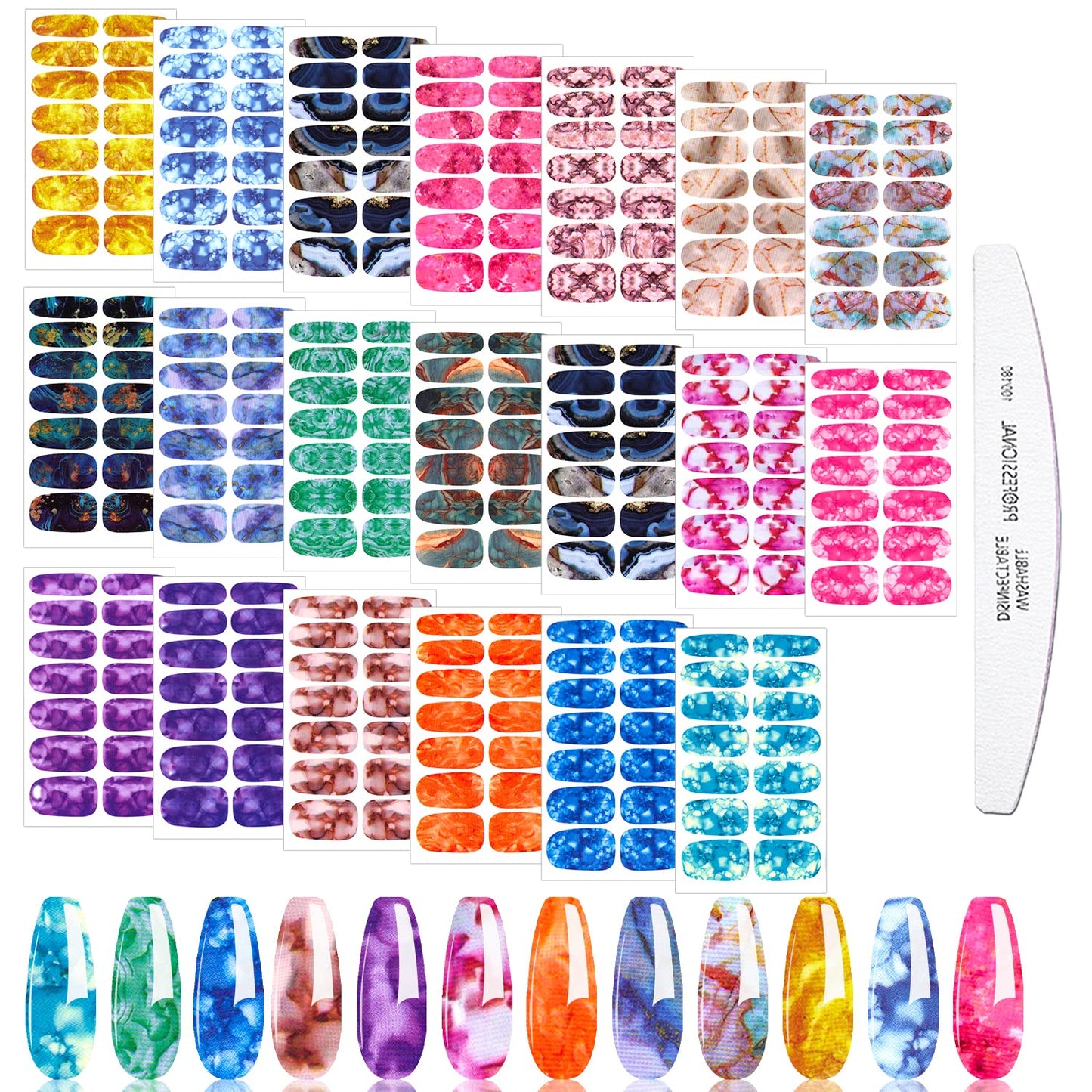JERCLITY 20 Sheets Candy Color Marbling Nail Polish Strips Stickers with Nail File Self-Adhesive Marbling Nail Stickers Full Nail Wraps for Women Nail Strips Manicure Kit for DIY Nail Art