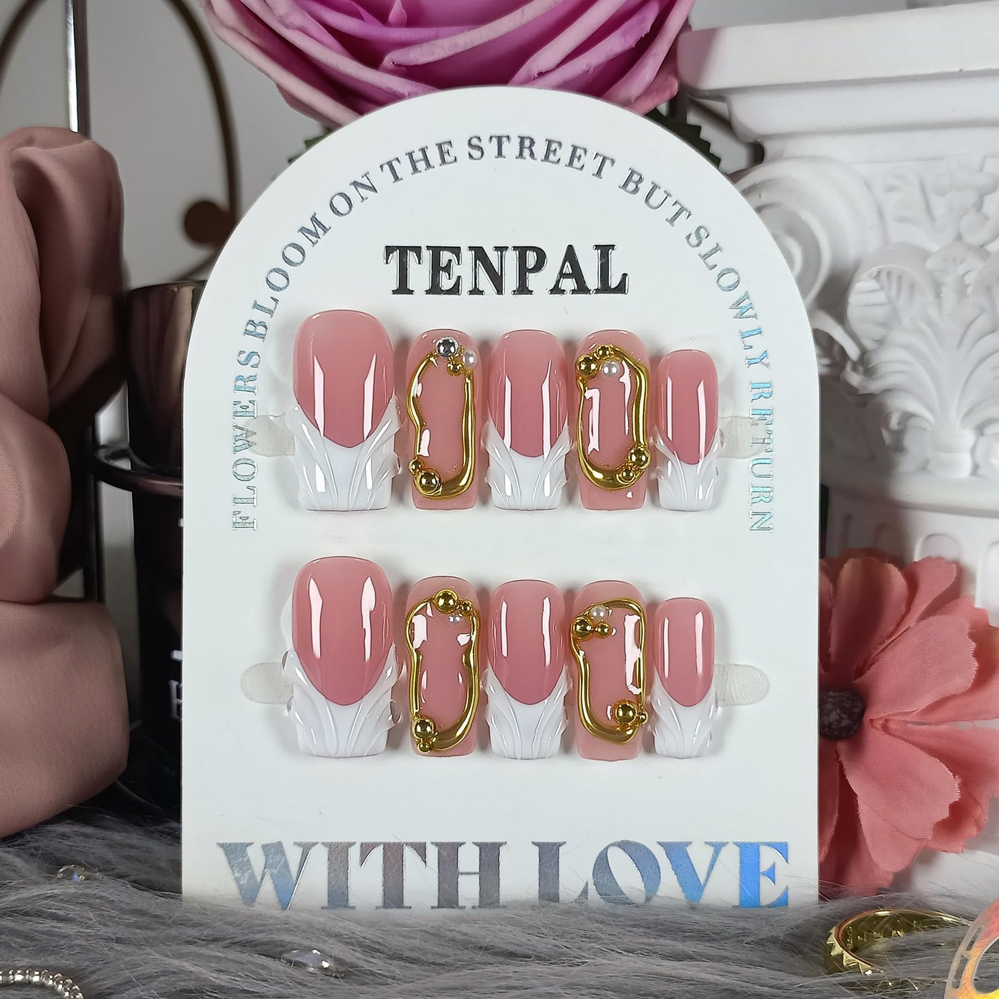 TENPAL Sheer Handmade French Tips Press on Nails Long Square 3D Embossed White Tip Nude Pink Fake Nails for Parties Daily Modern Minimalist Glossy False Nails for Women Gifts 10pcs(M)