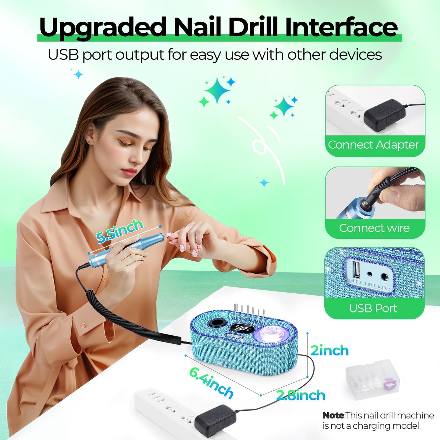 JOSGLOI Electric Nail Drill Professional: Shiny 40000RPM Electric Nail File Kit E File Nail Drill Machine with LCD Display for Acrylic Gel, Manicure Pedicure Polishing Grinder for Salon Home, Diamond
