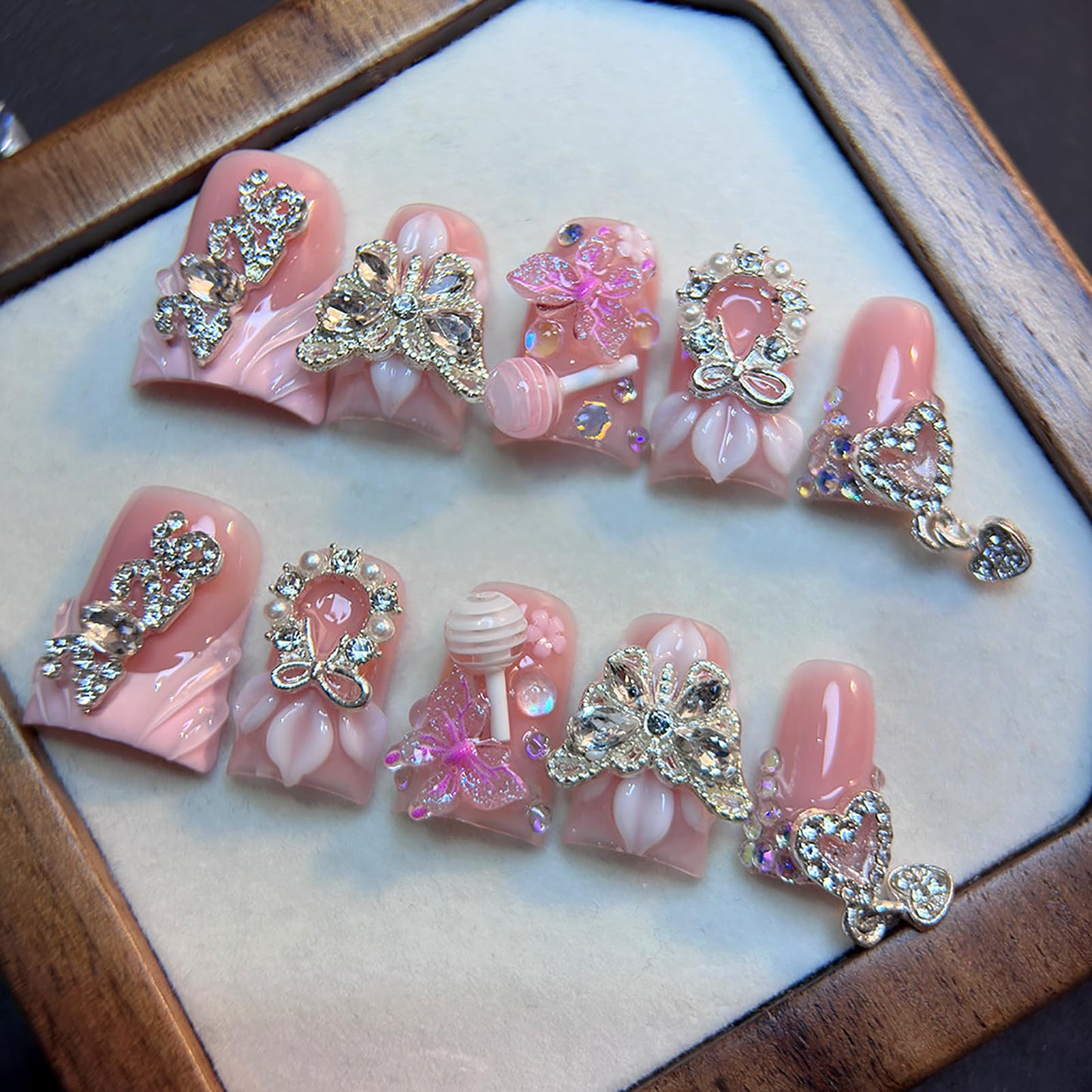 10Pcs Pink Duck Press on Nails Handmade Fake Nails Reusable False Nail with 3D Butterfly Flower Rhinestone Design Acrylic Duck Nails Press ons Cute French Tip Artificial Stick on Nails for Women (M)