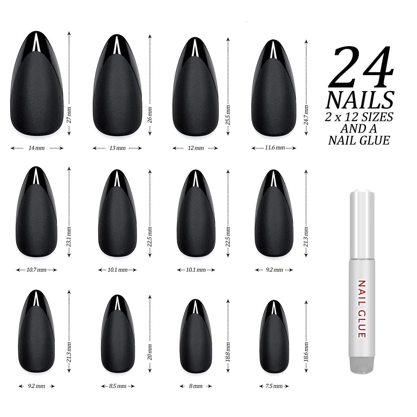 Hypnaughty 24 Pcs Caviar Almond Black Matte Press On Nails with Glossy Black French Tip and Glue Medium Long Pointed Oval False Nails (Caviar)