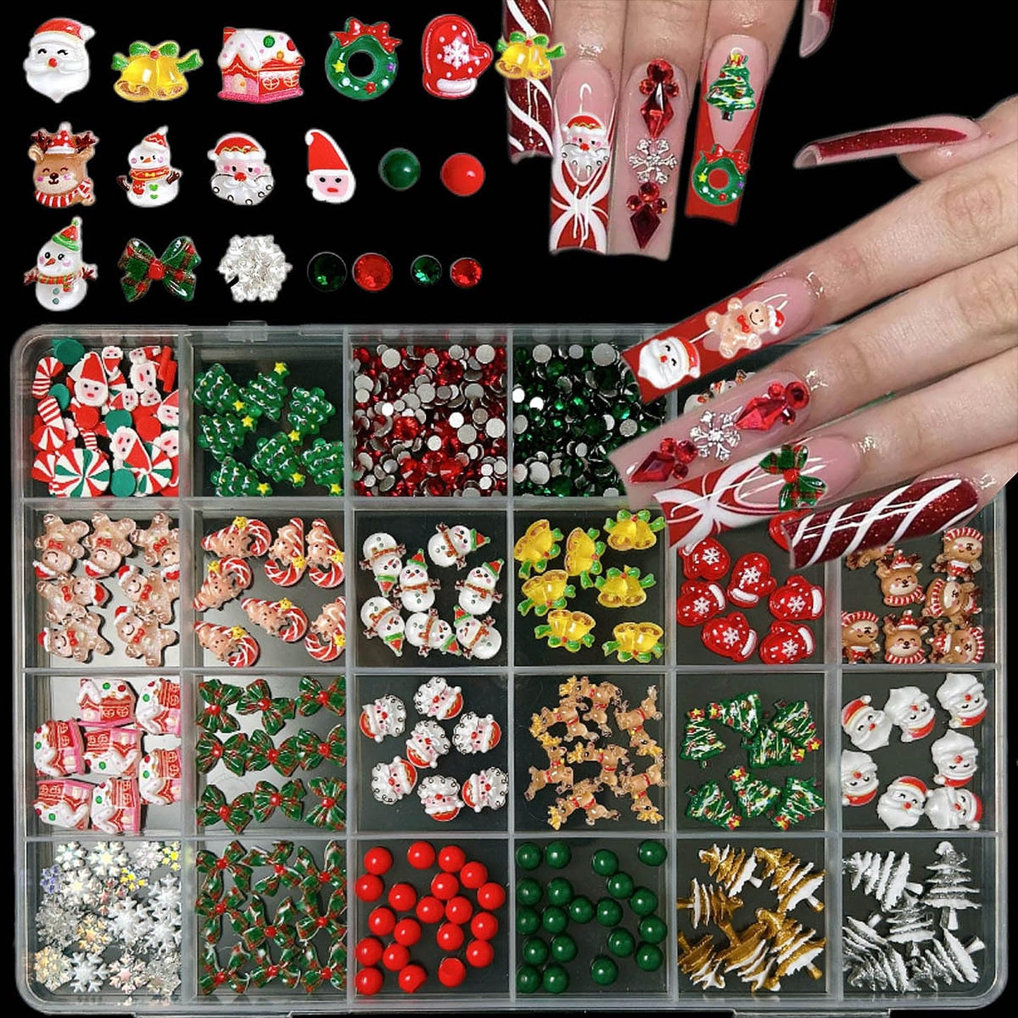 Christmas Nail Charms, 24 Girds Red Green Pearls Rhinestones Nail Art Charms, Santa Xmas Tree Nail Diamonds for Christmas Winter Holiday DIY Manicure Decor Craft Making