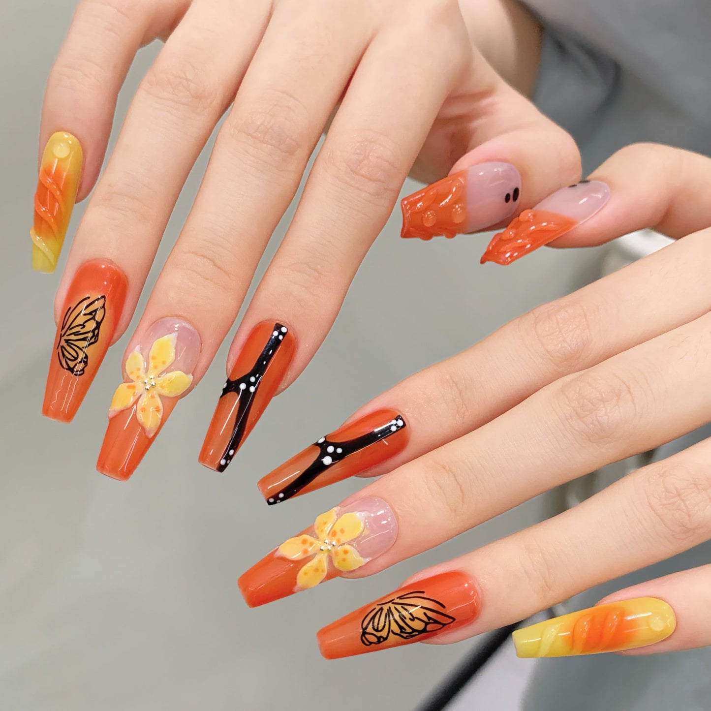 Tesytto Orange Press On Nails Long Coffin - 3D Flowers Hand-Painted Butterflies French Tip Yellow Floral Acrylic Nail for Women (Mango Sago,S)