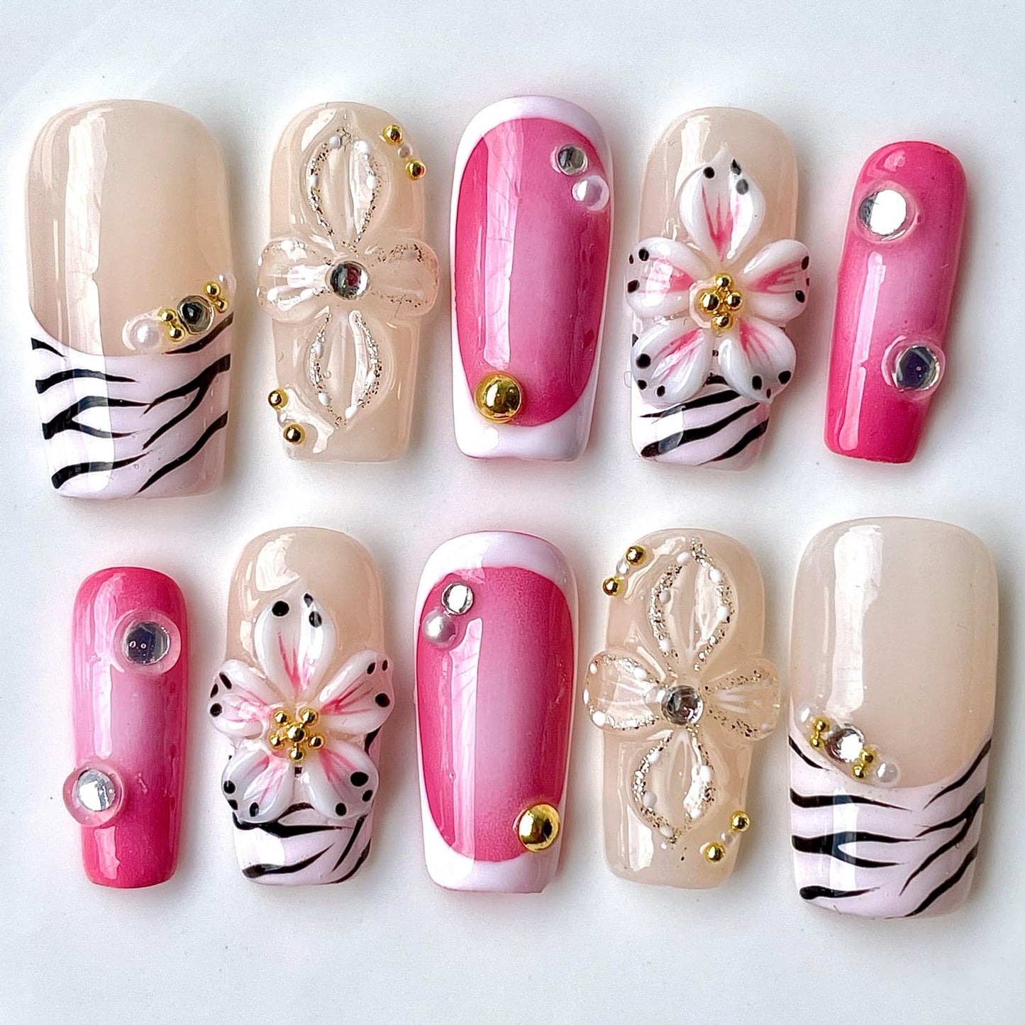 Handmade Press On Nails Short-Medium Square Bold Pink Zebra Stripes & 3D Floral | Glitter Flowers With Gold Accent | Reusable Acrylic Fake Nails for Parties & Daily (Pink Zebra, M)